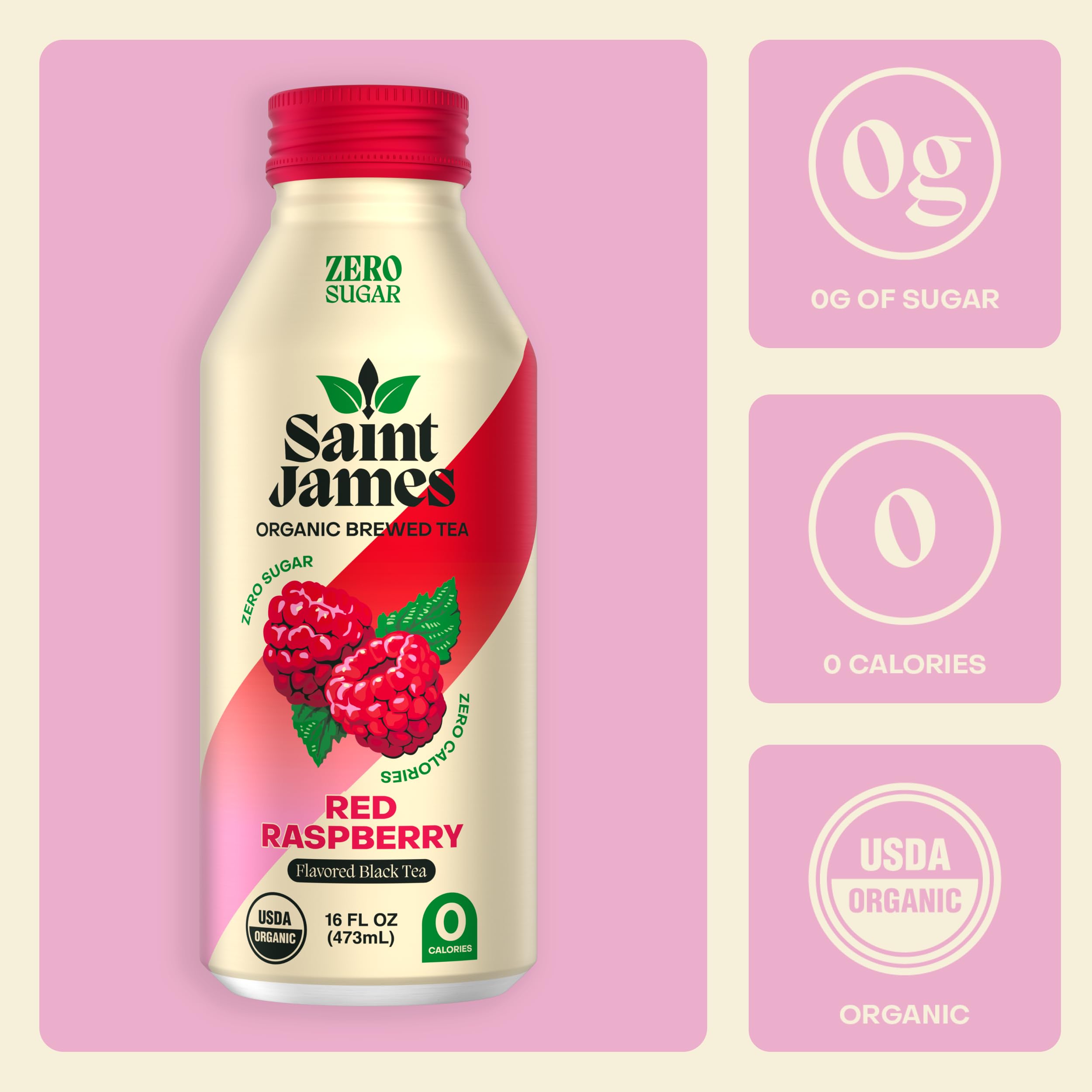 Saint James Organic Red Raspberry Black Tea, Case of 12, 16 Fluid Ounce Bottles