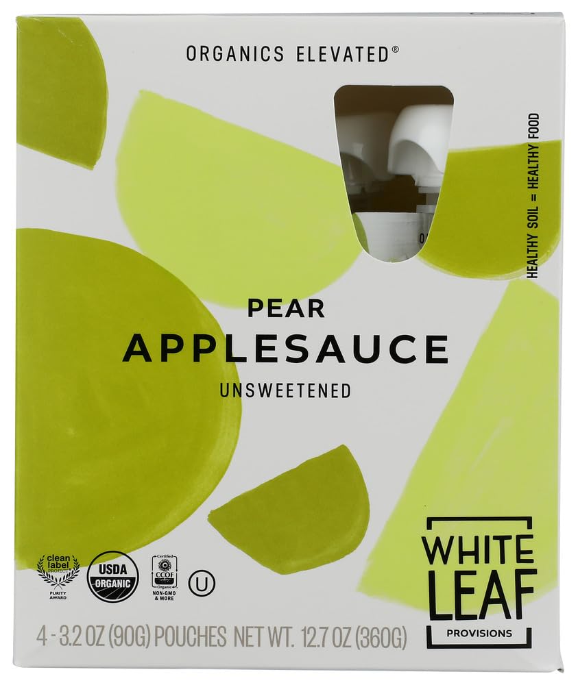 White Leaf Provisions Organic Unsweetened Pear Applesauce, Case of 6, 4-Pack 3.2 Ounce Pouches