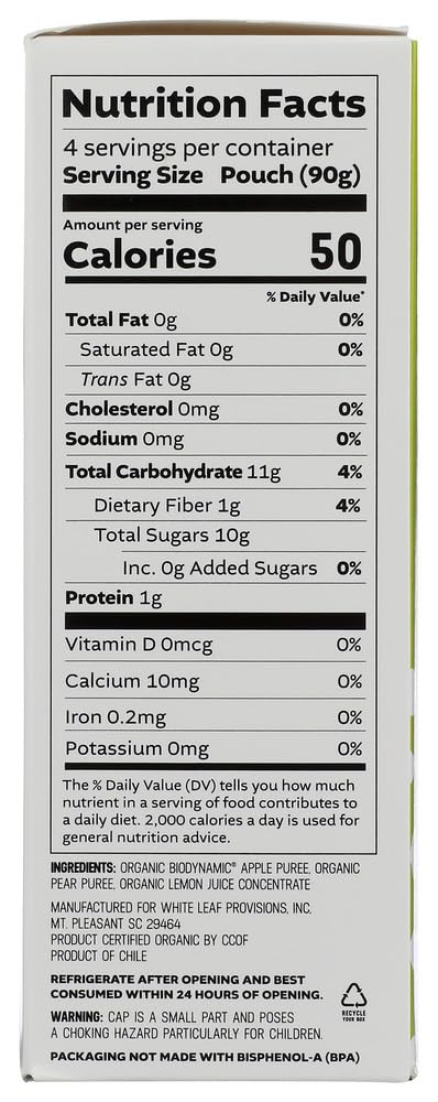 White Leaf Provisions Organic Unsweetened Pear Applesauce, Case of 6, 4-Pack 3.2 Ounce Pouches