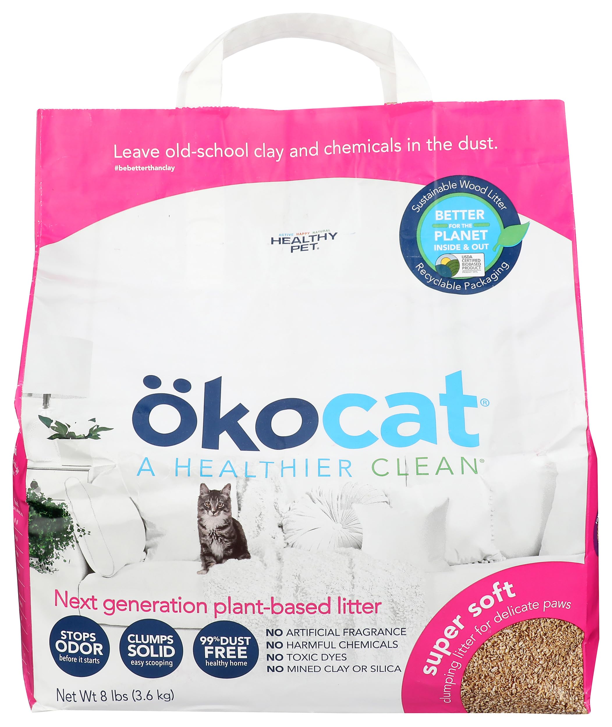 Okocat Super Soft Clumping Wood Cat Litter, Case of 4, 8 lb