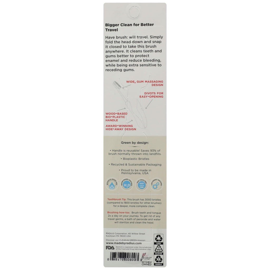 RADIUS Tour Travel Toothbrush, Soft Bristles, 1 Count