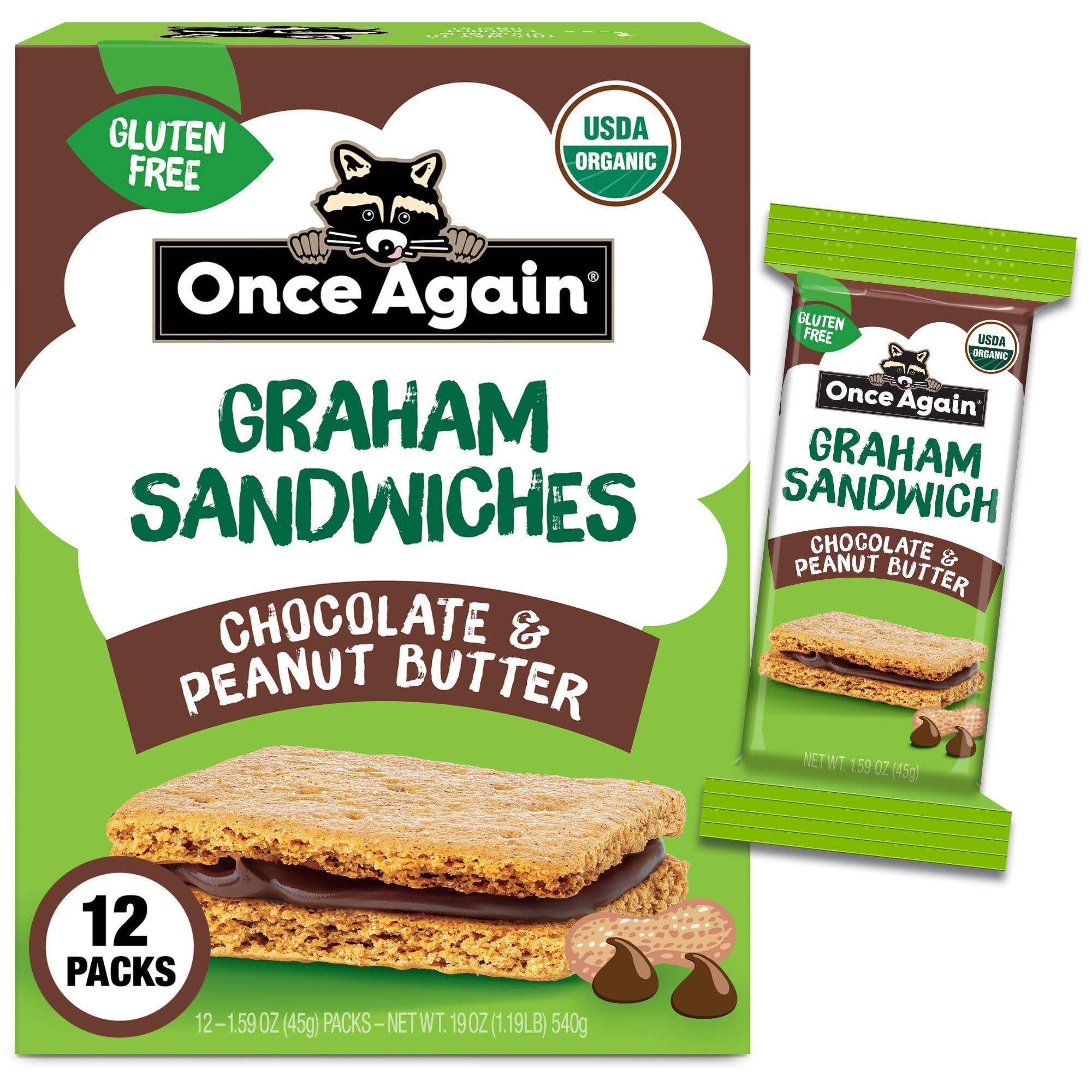 Once Again Organic Graham Chocolate Peanut Butter Sandwich Crackers, 12 Count, 1.59 Ounce Each