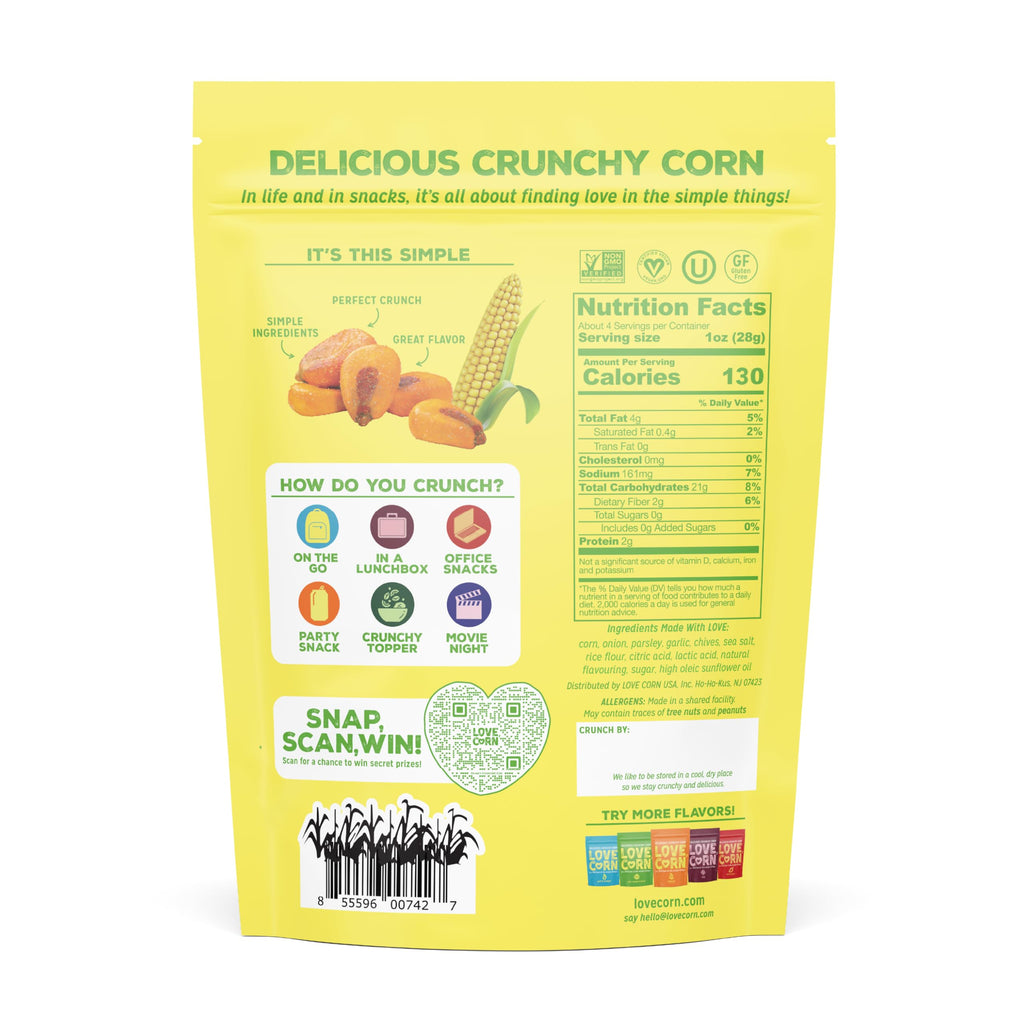 Love Corn Sour Cream and Onion Crunchy Corn, Case of 6, 4 Ounce