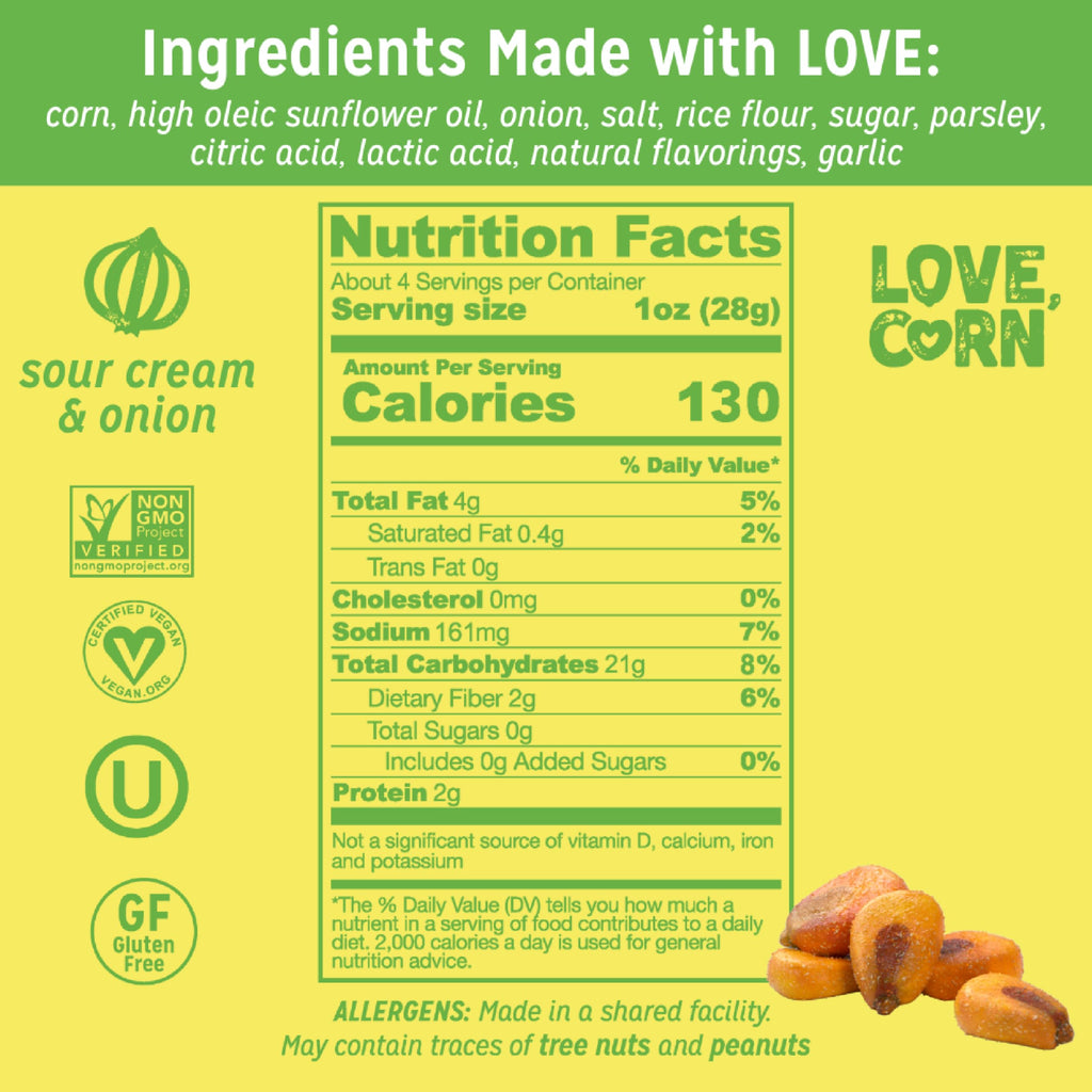 Love Corn Sour Cream and Onion Crunchy Corn, Case of 6, 4 Ounce