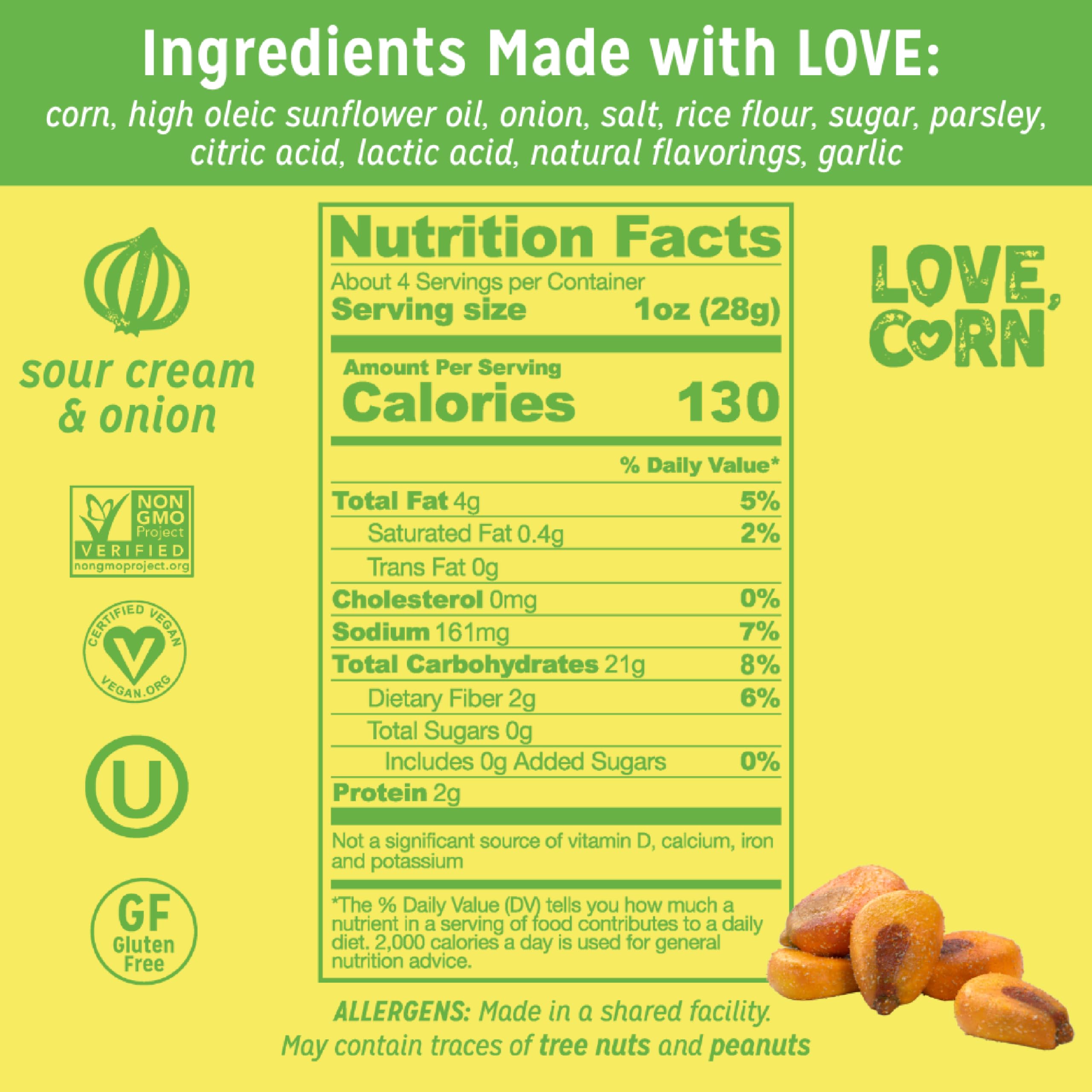 Love Corn Sour Cream and Onion Crunchy Corn, Case of 6, 4 Ounce