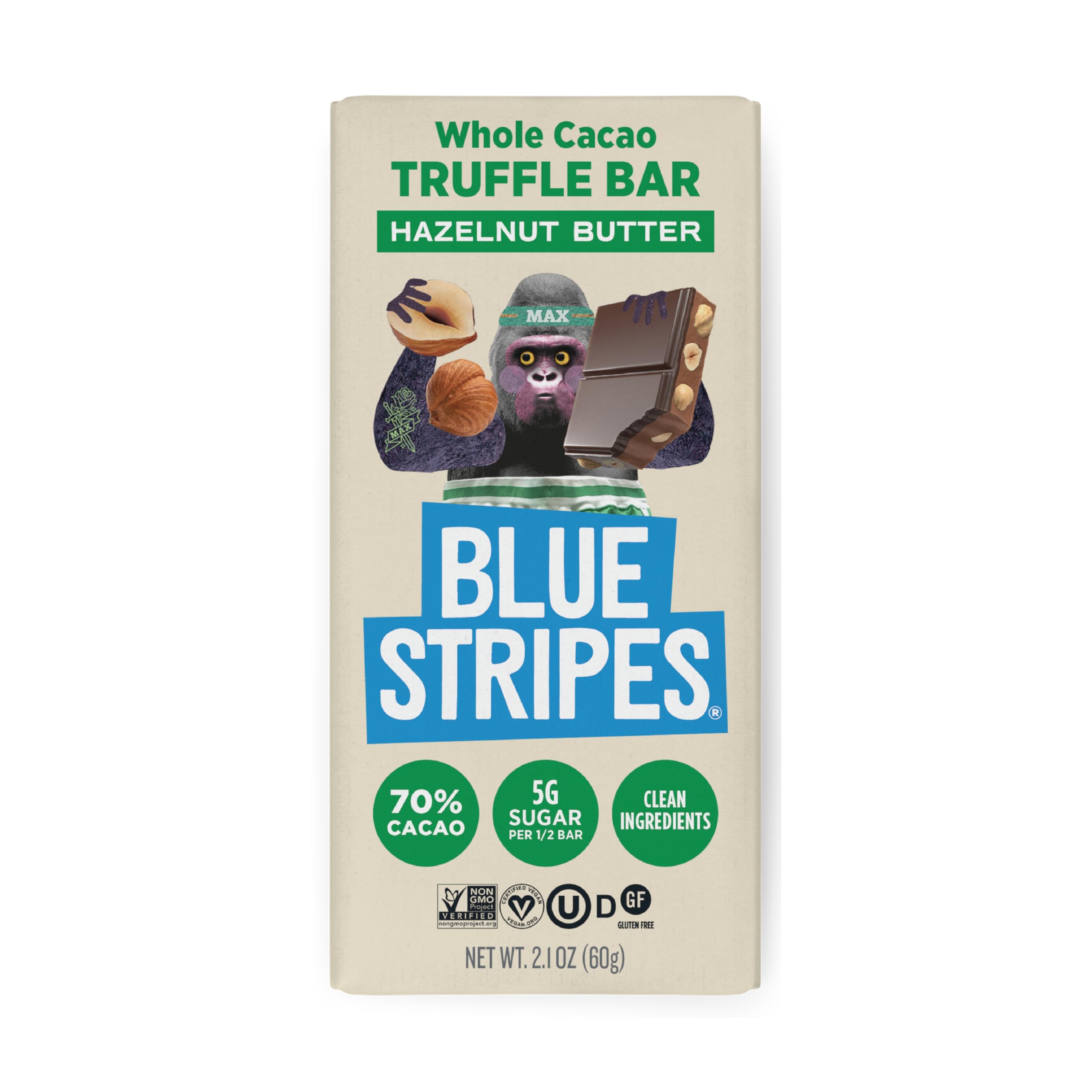 Blue Stripes Whole Cacao Hazelnut Butter Dark Chocolate Truffle Bar, Case of 24, 2.1 Ounce Bars