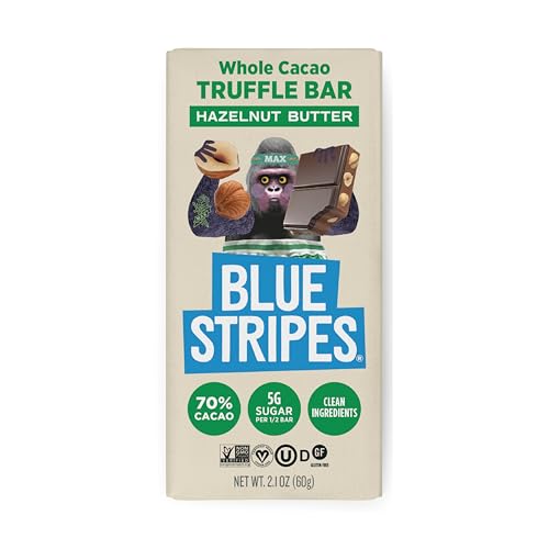 Blue Stripes Whole Cacao Hazelnut Butter Dark Chocolate Truffle Bar, Case of 24, 2.1 Ounce Bars