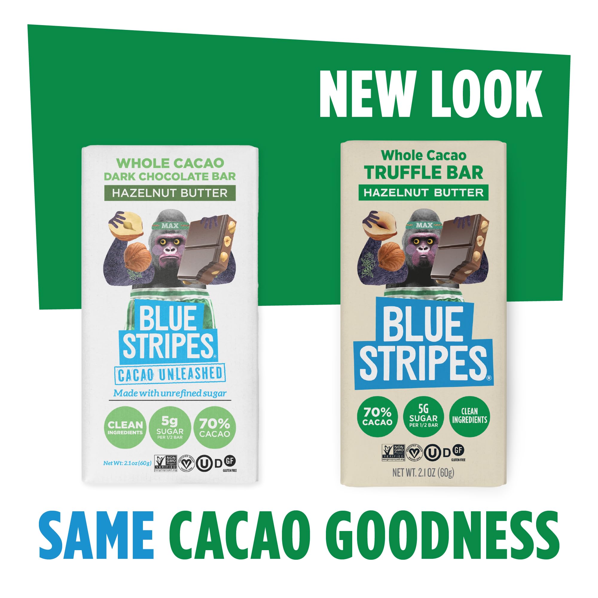 Blue Stripes Whole Cacao Hazelnut Butter Dark Chocolate Truffle Bar, Case of 24, 2.1 Ounce Bars