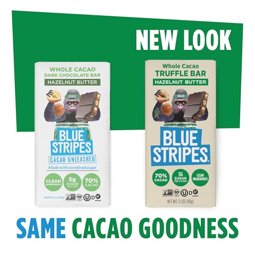 Blue Stripes Whole Cacao Hazelnut Butter Dark Chocolate Truffle Bar, Case of 24, 2.1 Ounce Bars
