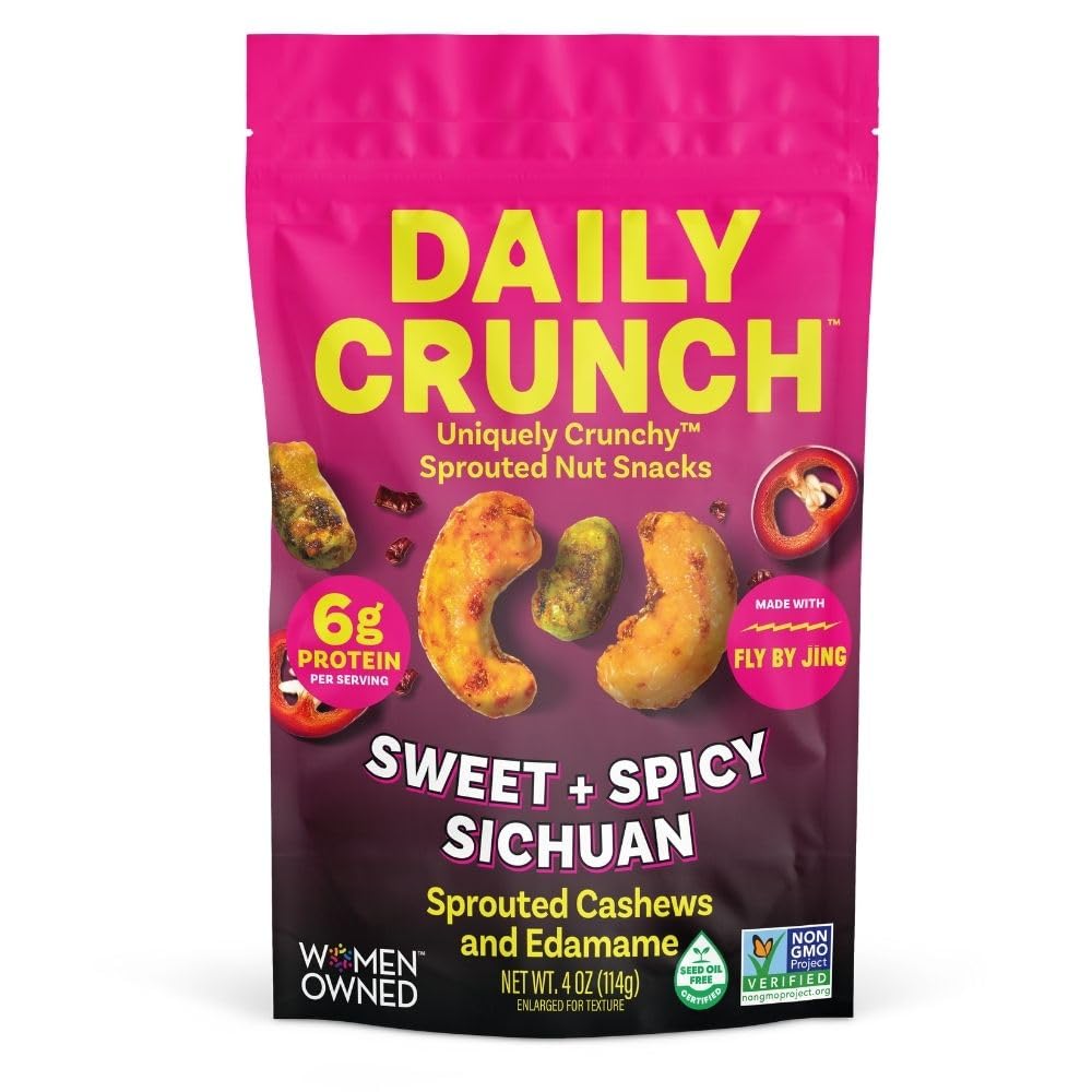 Daily Crunch Sweet Sichuan Cashew Edamame Nut Snack, Case of 6, 4 Ounces
