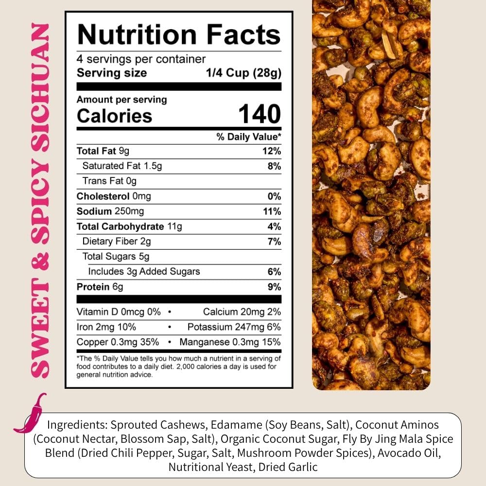Daily Crunch Sweet Sichuan Cashew Edamame Nut Snack, Case of 6, 4 Ounces