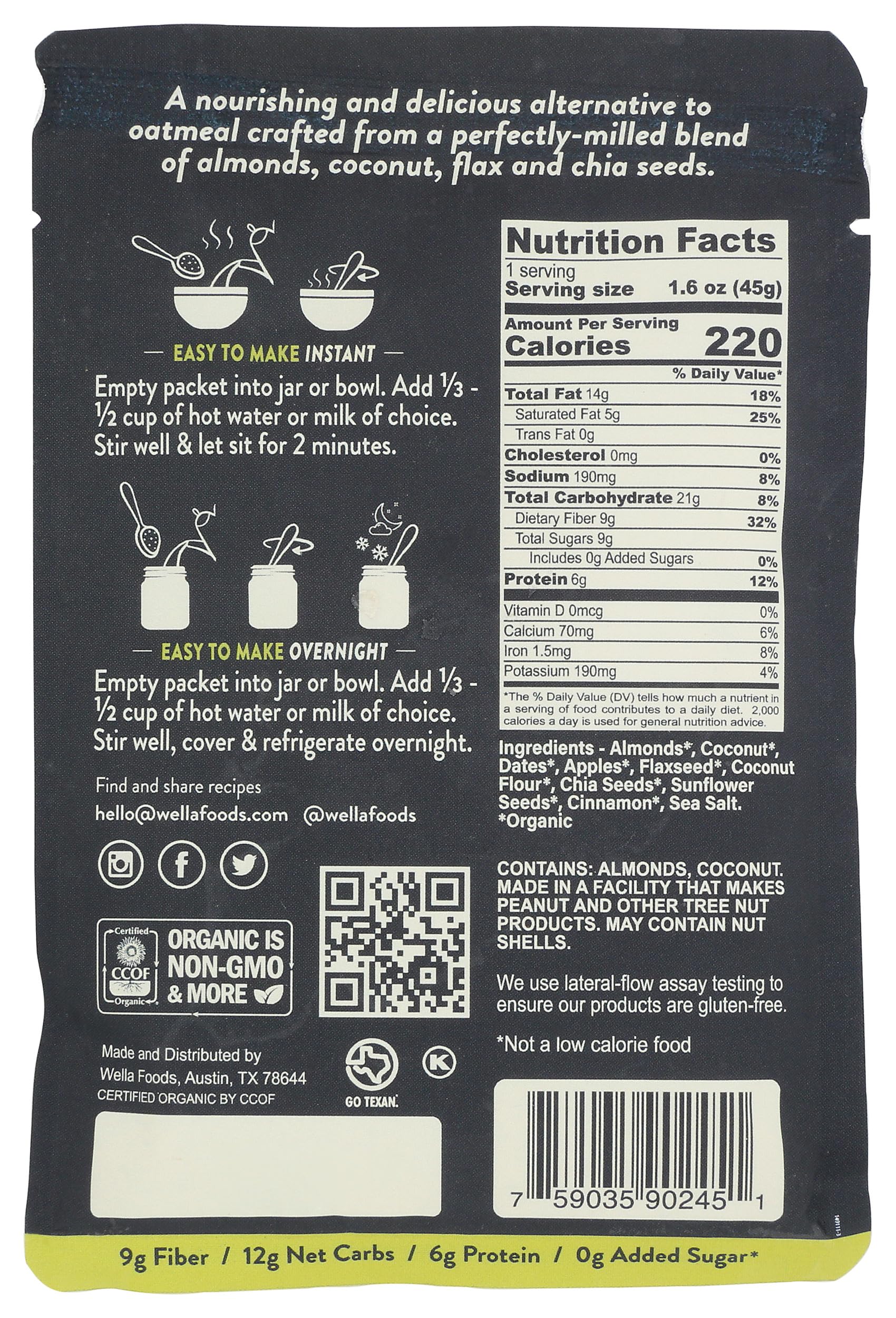 Wella Organic Apple Cinnamon Grain-Free Cereal, Case of 10, 1.6 Ounce Packets