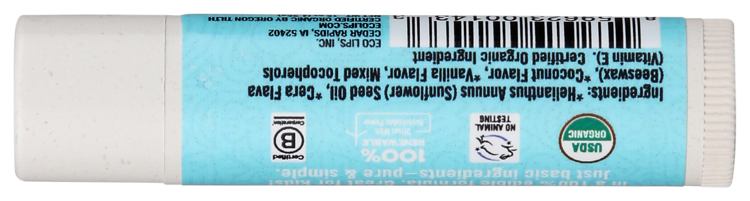 Eco Lips Organic Pure and Simple Coconut Lip Balm Display, Case of 24, 0.15 Ounce Tubes