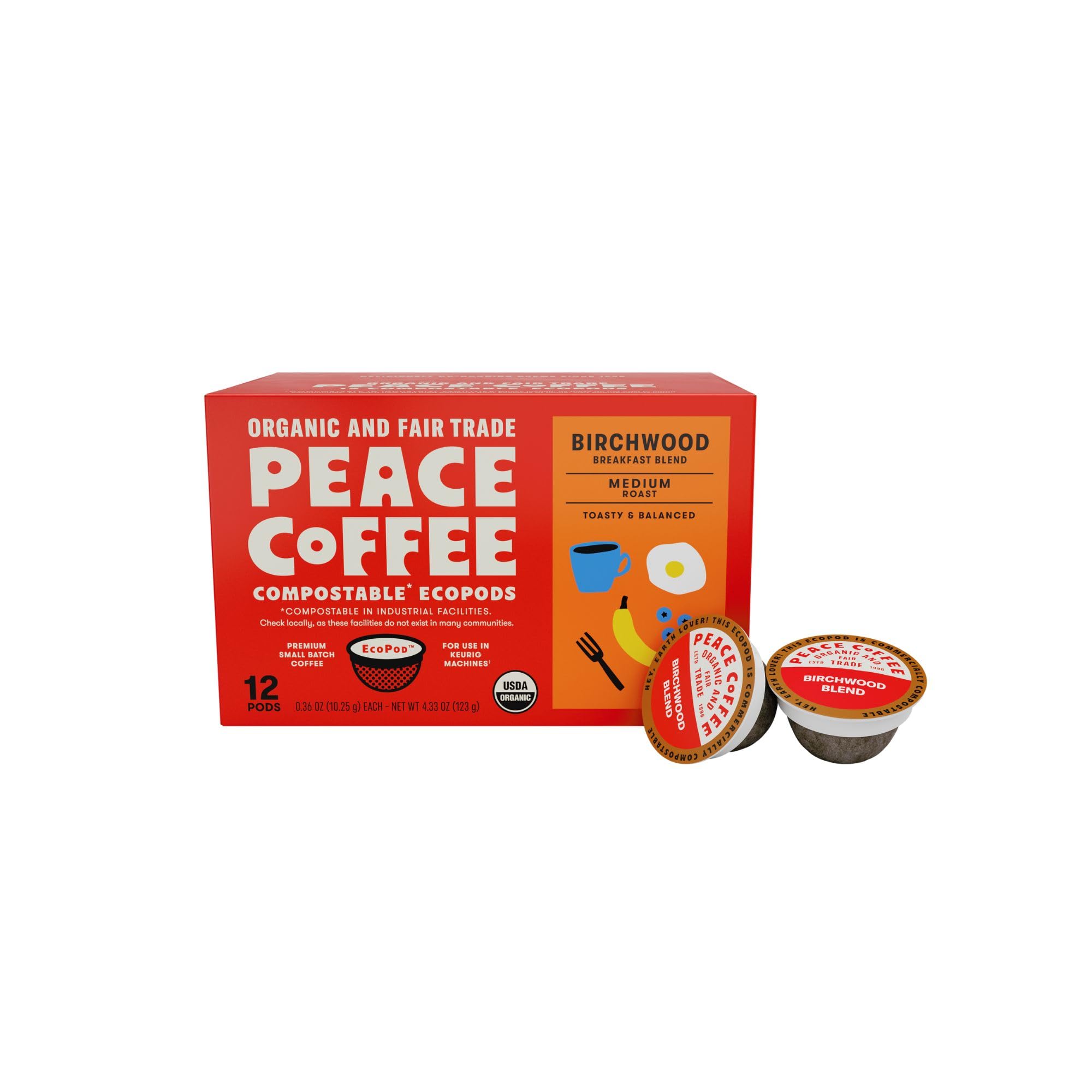 Peace Coffee Organic Birchwood Breakfast Blend Coffee Pods, Case of 6, 12 Count