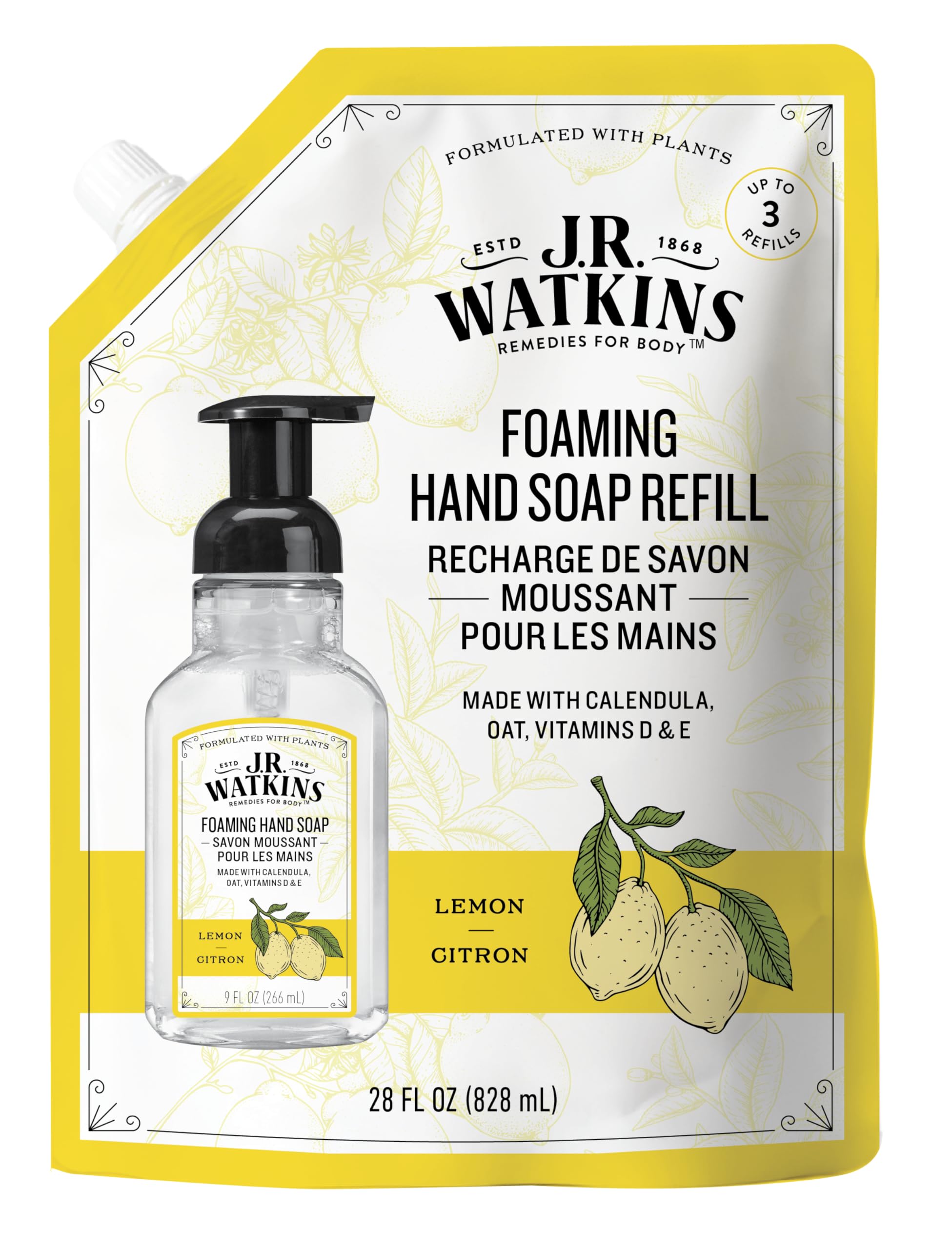 J.R. Watkins Lemon Foaming Hand Soap Refill, Case of 2, 28 fl oz