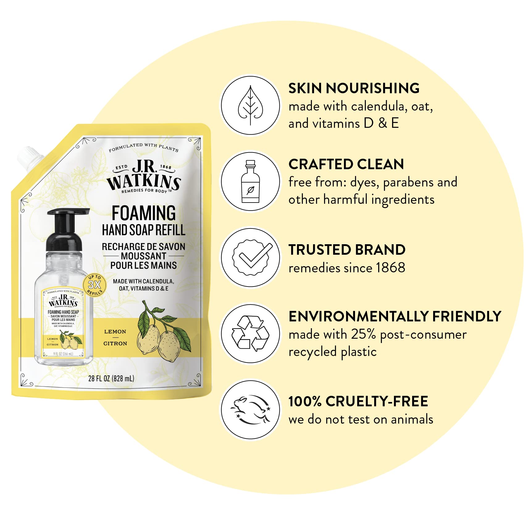 J.R. Watkins Lemon Foaming Hand Soap Refill, Case of 2, 28 fl oz