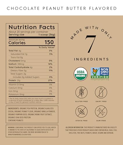 Truvani Organic Peanut Butter Chocolate Protein Powder, 25.75 oz