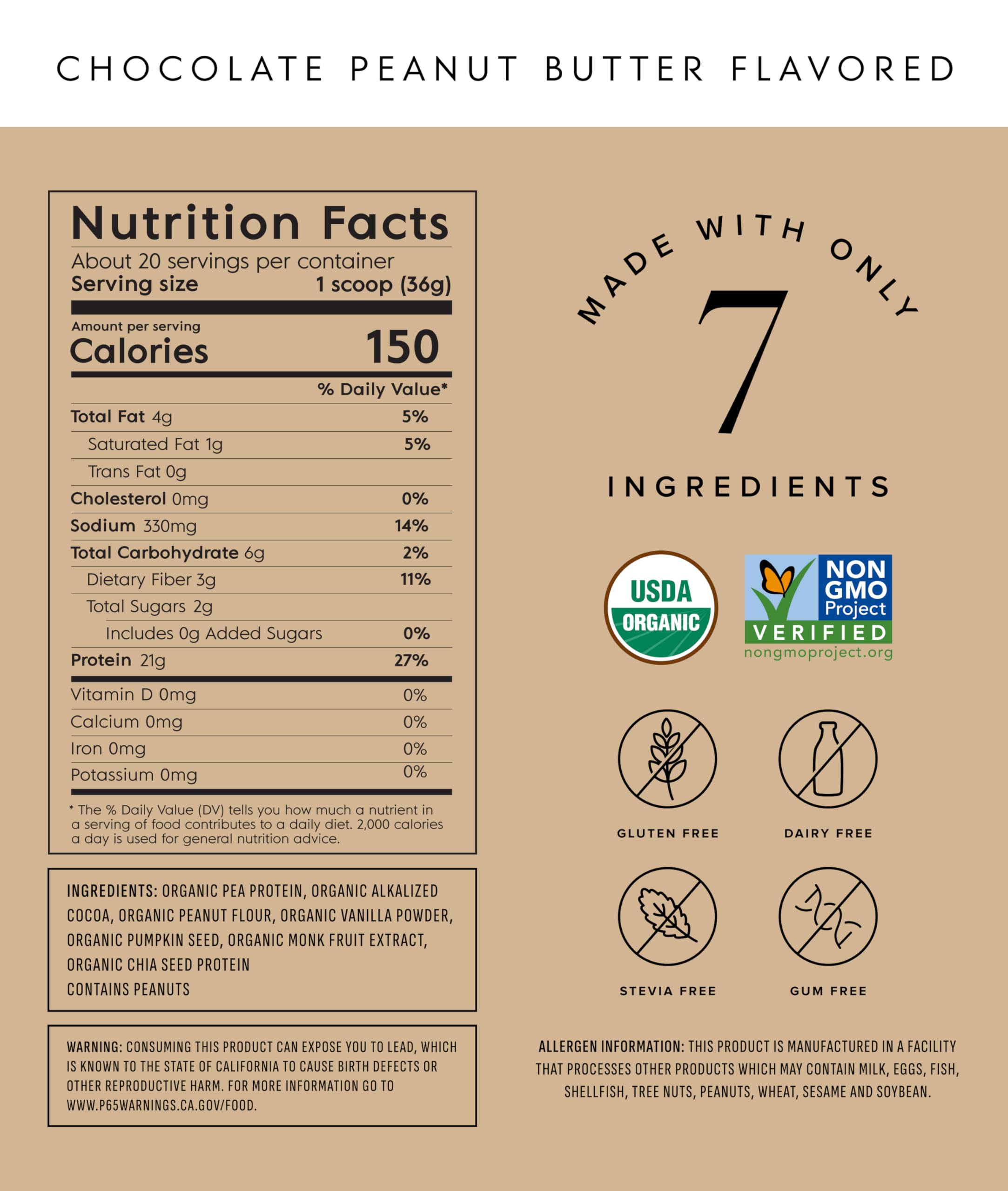 Truvani Organic Peanut Butter Chocolate Protein Powder, 25.75 oz