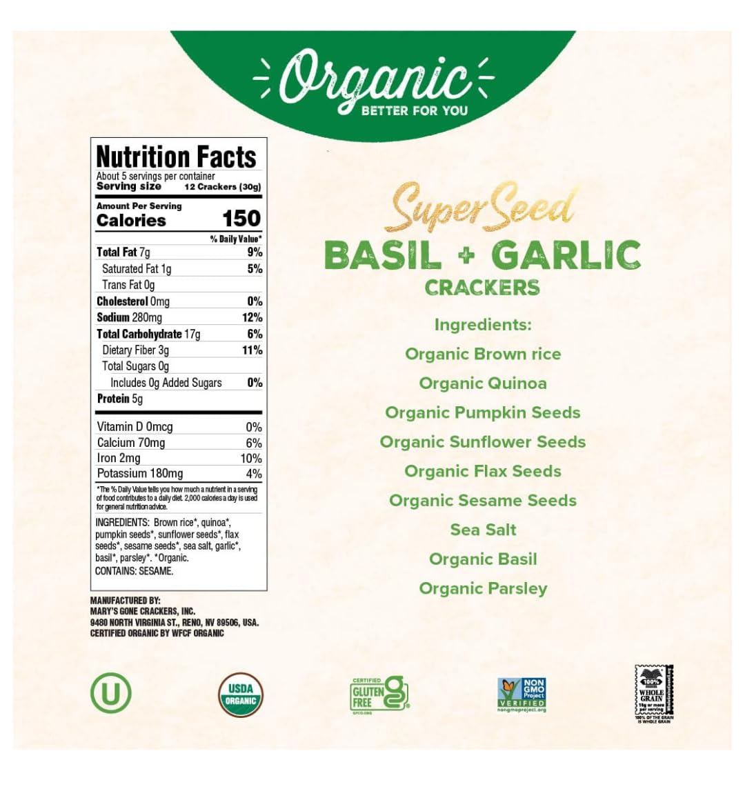 Mary's Gone Crackers Real Thin Organic Garlic Rosemary Crackers, Case of 6, 4 oz