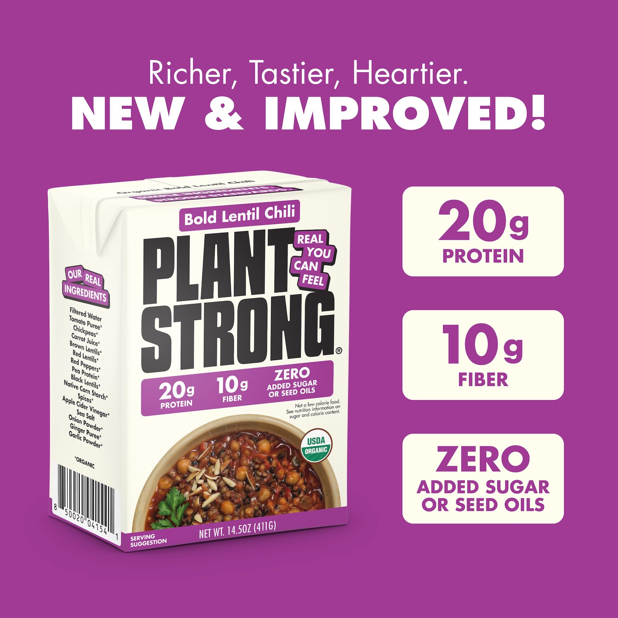 PLANTSTRONG Organic Bold Lentil Chili, Case of 6, 14.5 oz