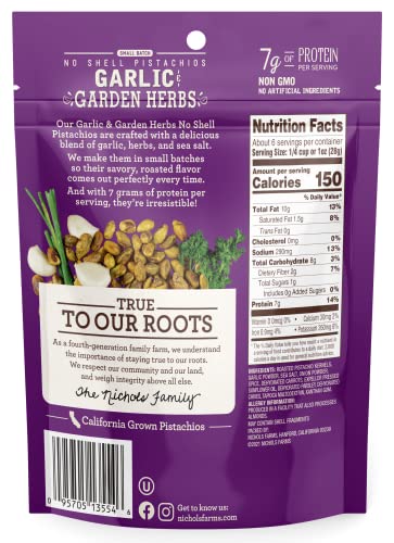 Nichols Farms No Shell Garlic Herbs Pistachios, Case of 12, 6 oz