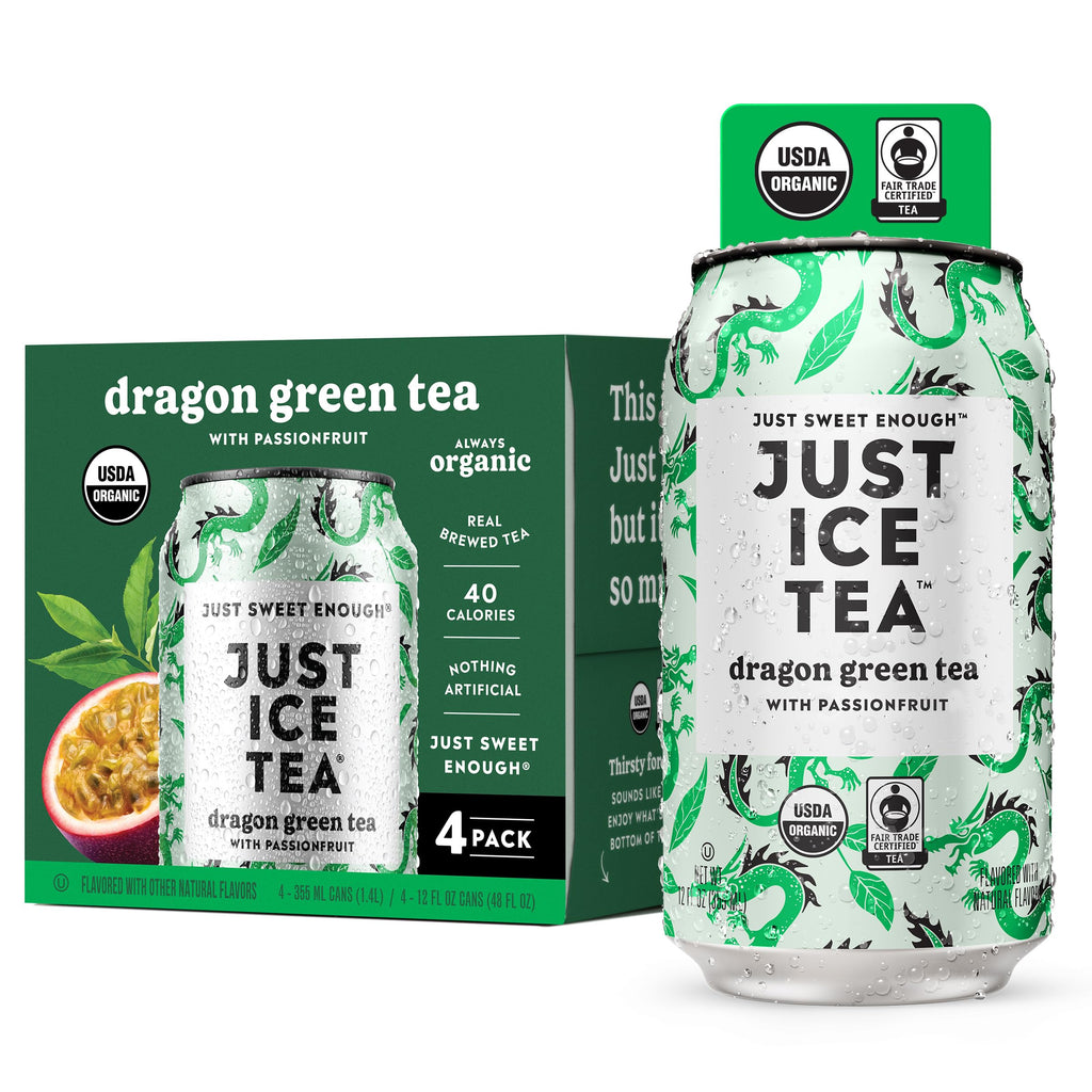 Just Ice Tea Organic Dragon Green Tea, Case of 6, 4 Count, 12 fl oz Cans