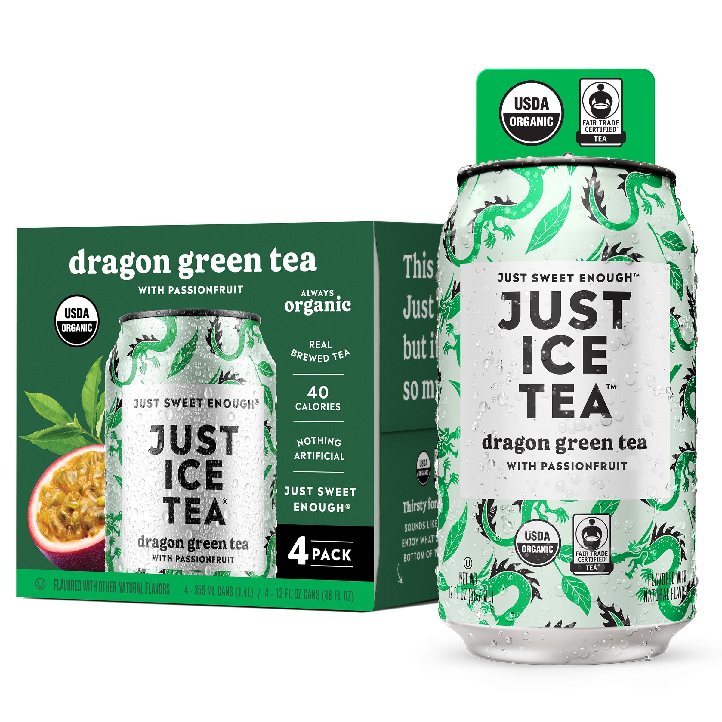 Just Ice Tea Organic Dragon Green Tea, Case of 6, 4 Count, 12 fl oz Cans