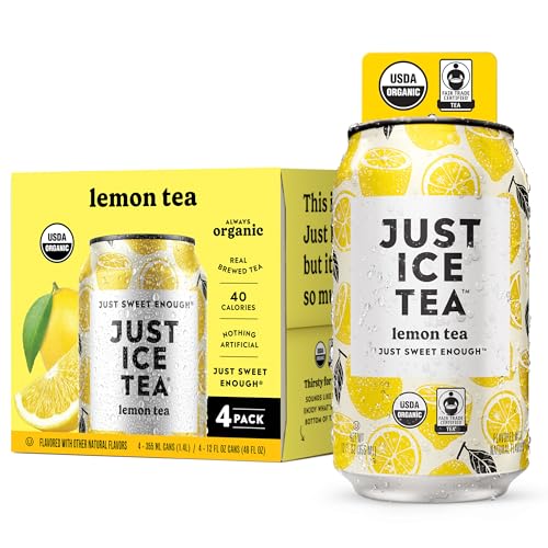 Just Ice Tea Organic Lemon Black Tea, Case of 6, 4-Pack 12 fl oz Cans