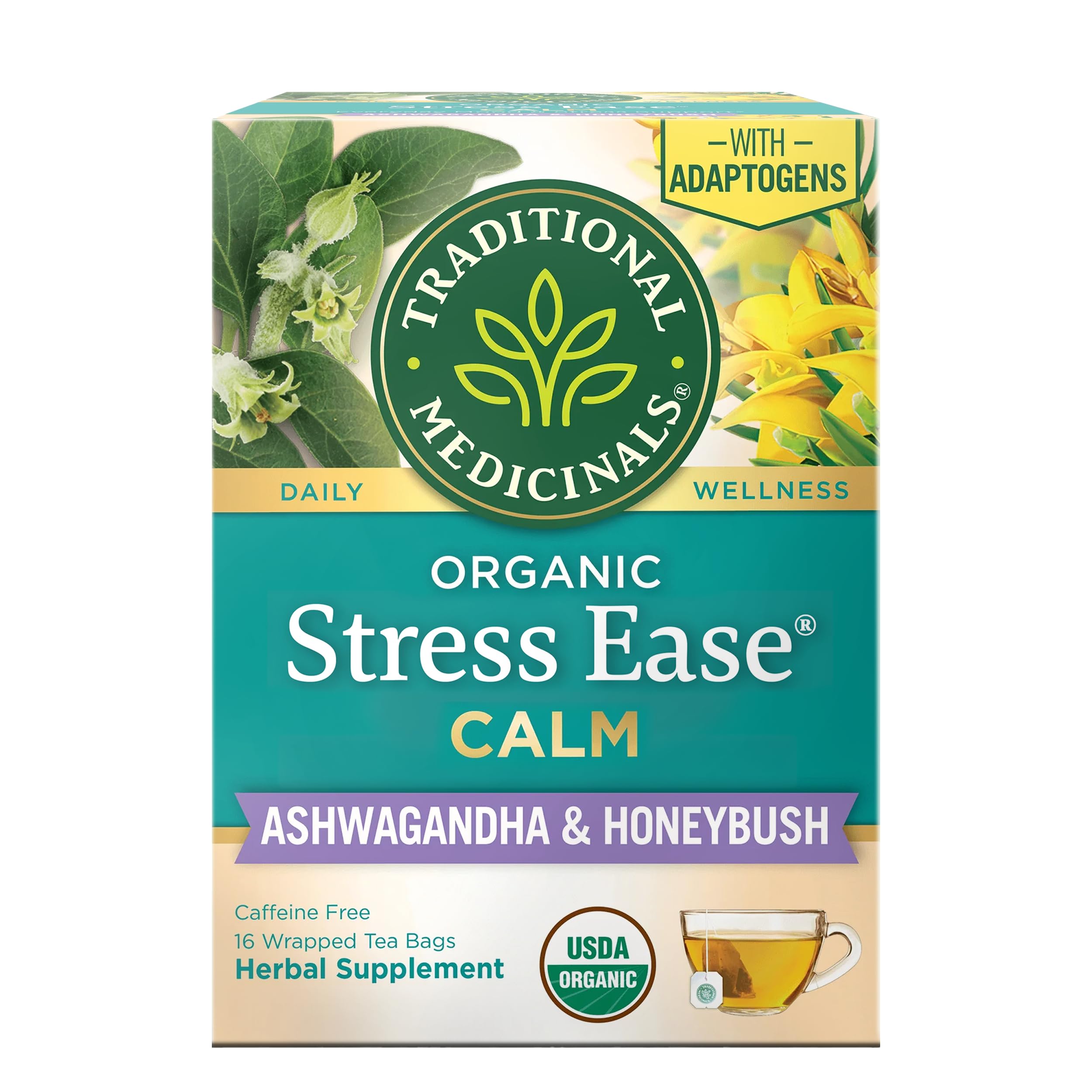 Traditional Medicinals Organic Stress Ease Herbal Tea, Case of 6, 16 Tea Bags