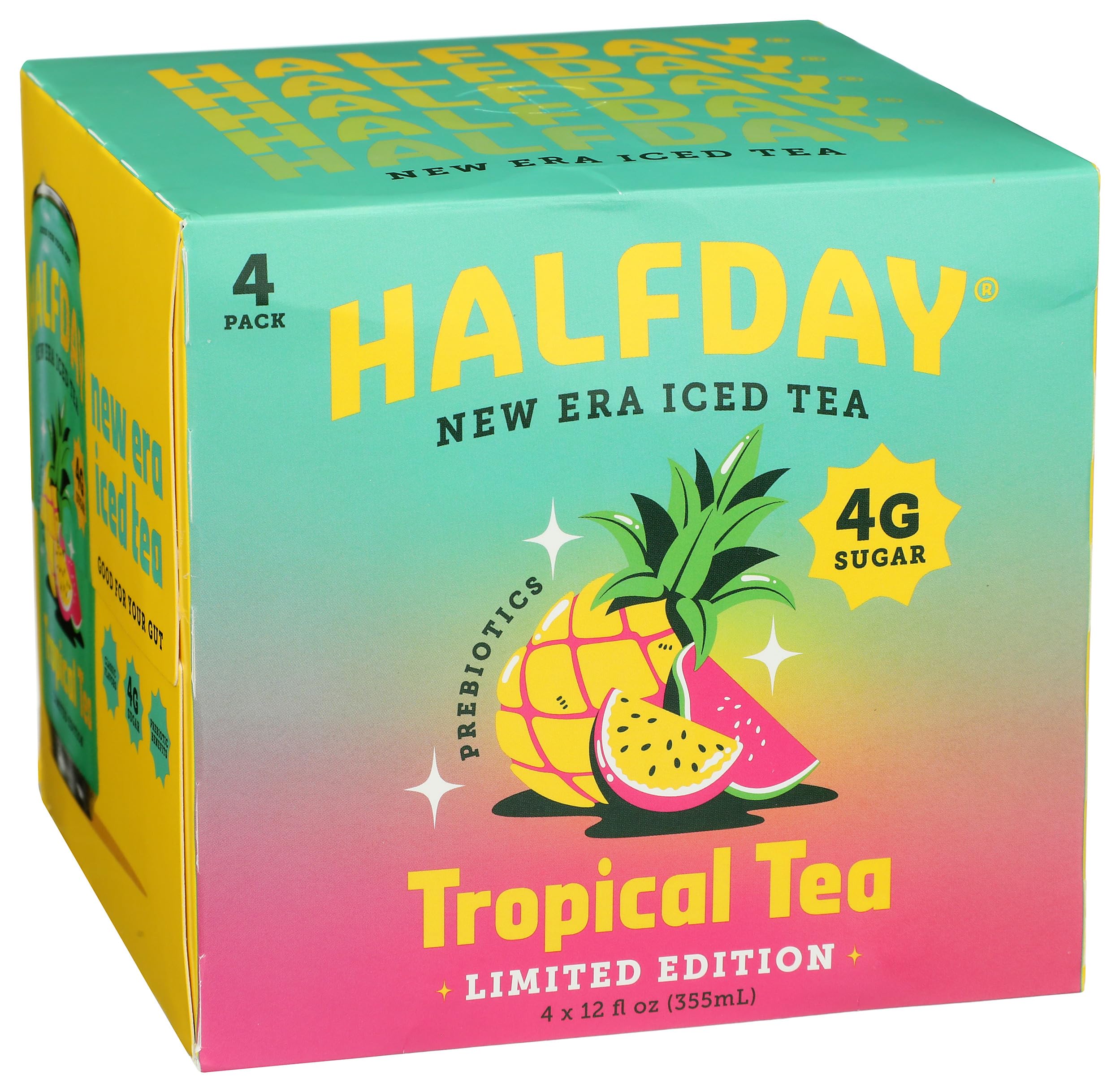 Halfday Tropical Prebiotic Iced Tea, Case of 6 4-Packs, 12 fl oz Cans