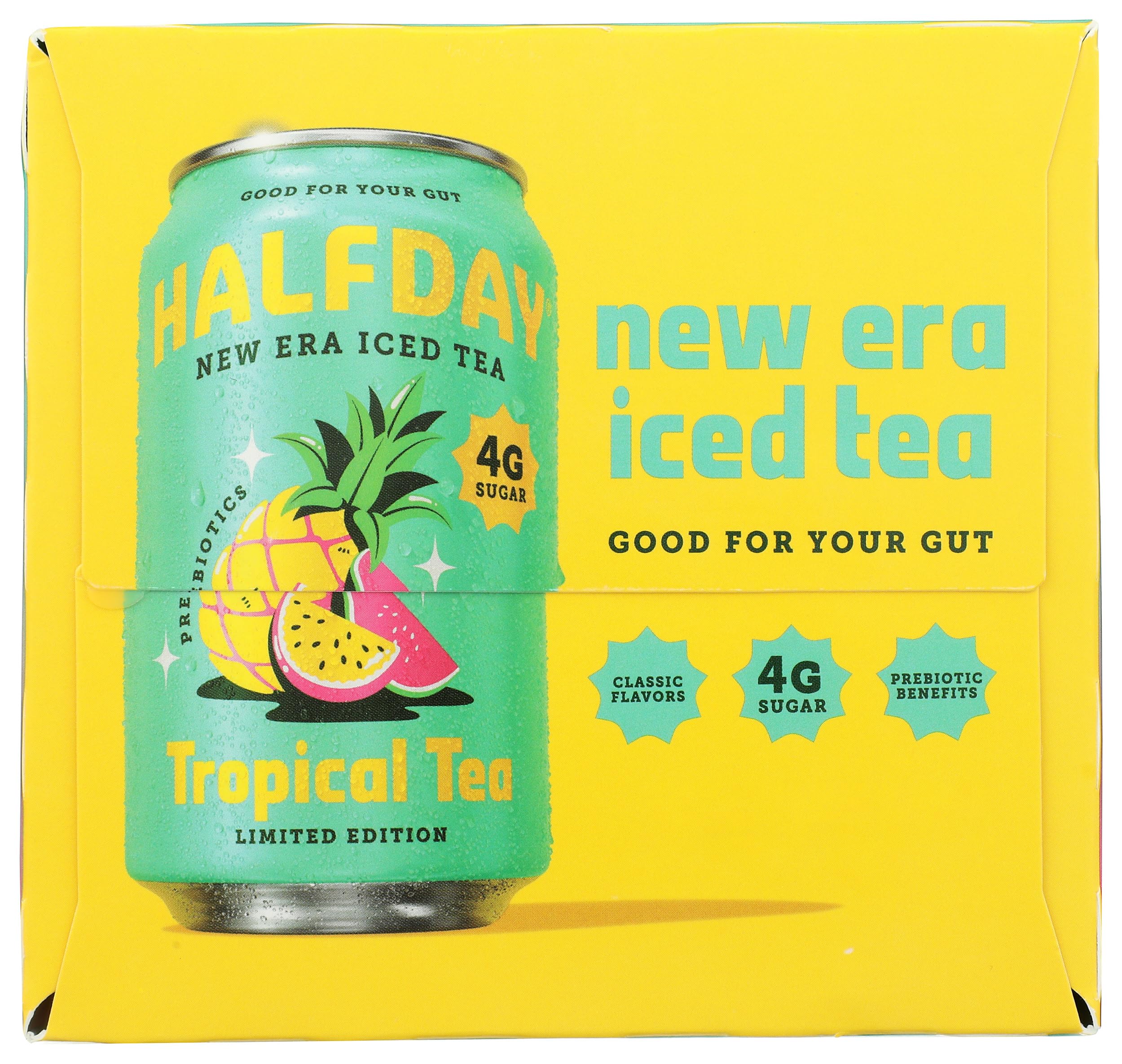 Halfday Tropical Prebiotic Iced Tea, Case of 6 4-Packs, 12 fl oz Cans