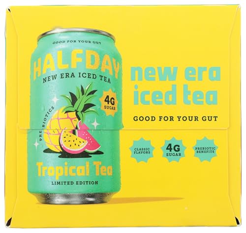 Halfday Tropical Prebiotic Iced Tea, Case of 6 4-Packs, 12 fl oz Cans