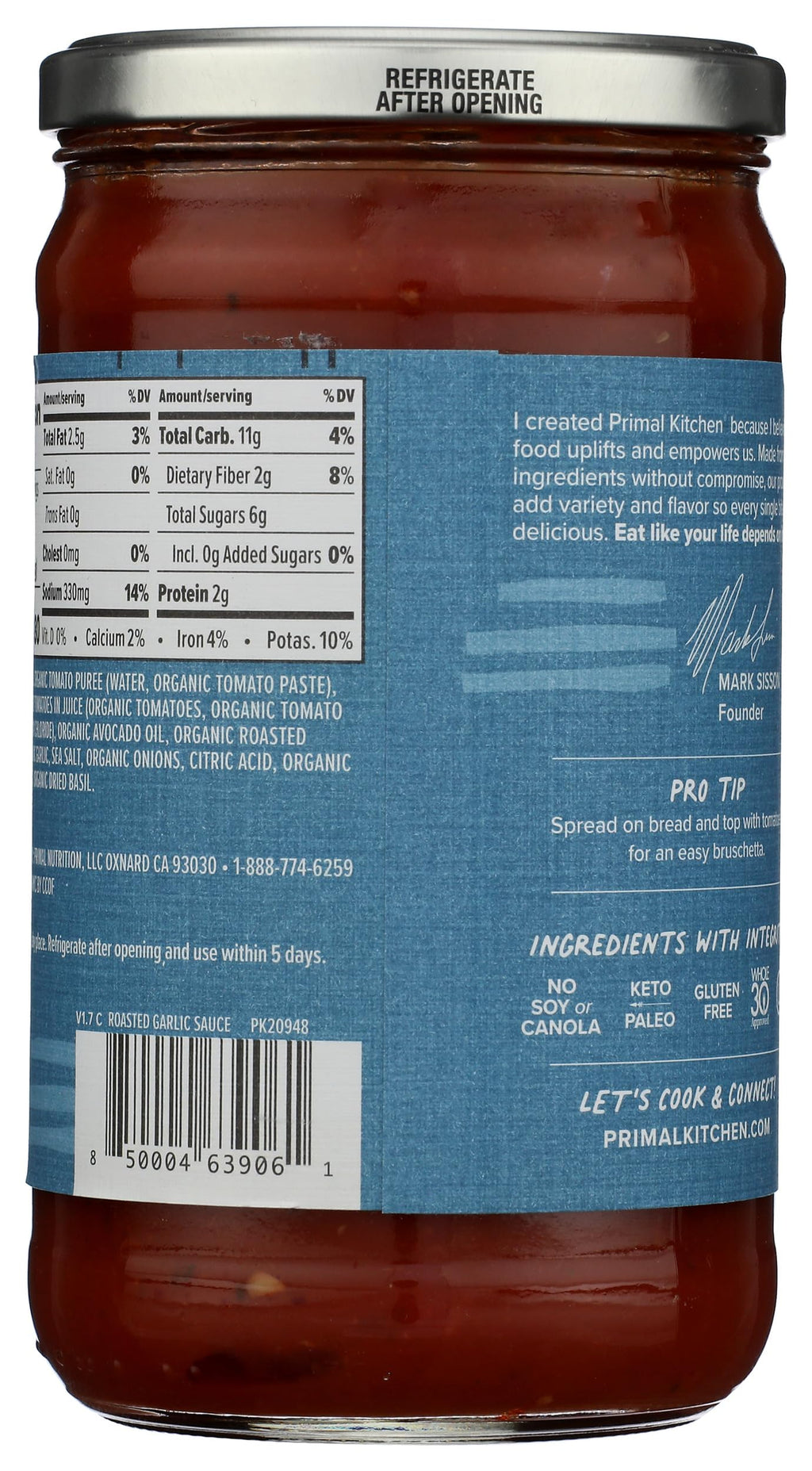Primal Kitchen Organic Roasted Garlic Marinara Sauce with Avocado Oil, Case of 6, 24 oz Each