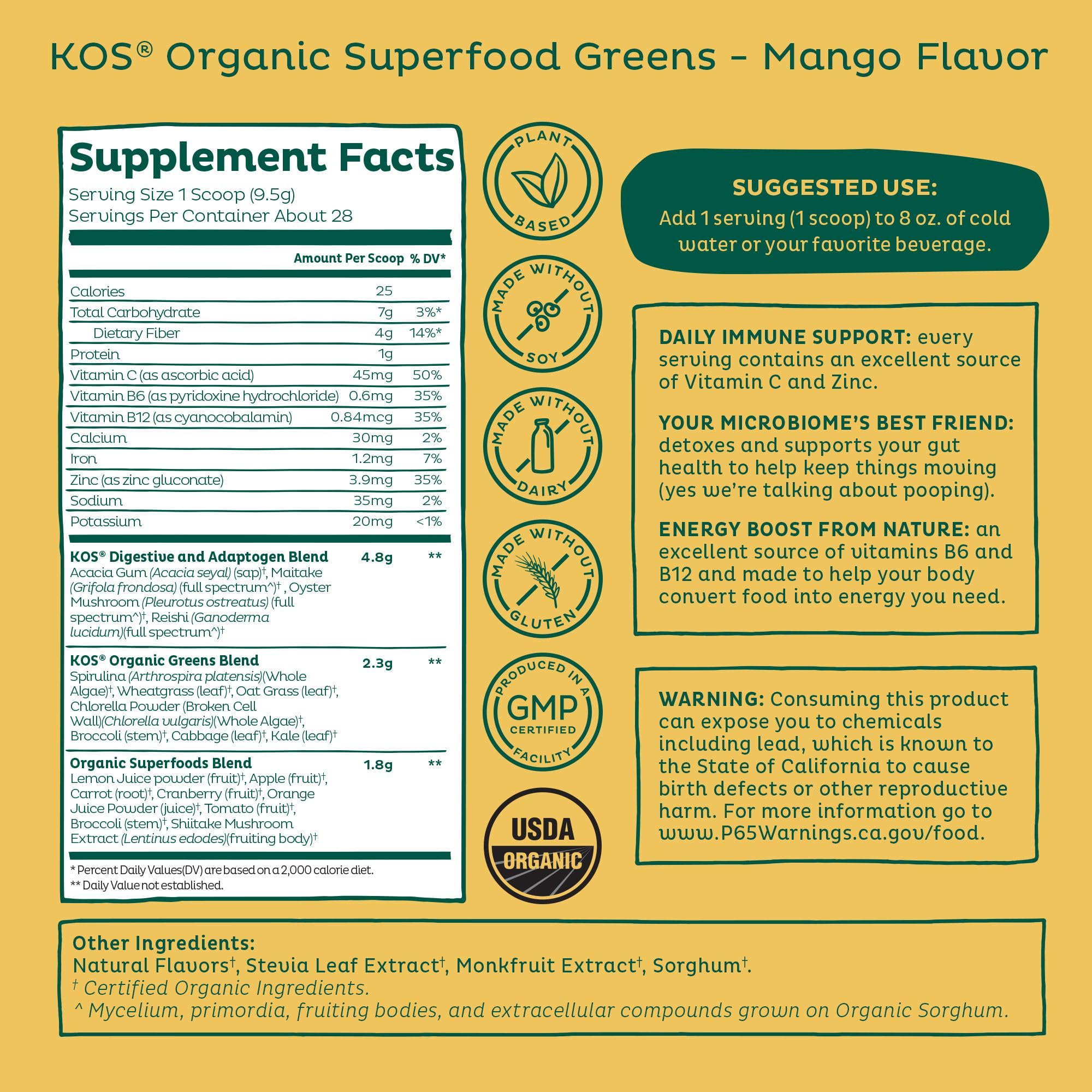 KOS Organic Superfood Greens Mango, 9.38 oz