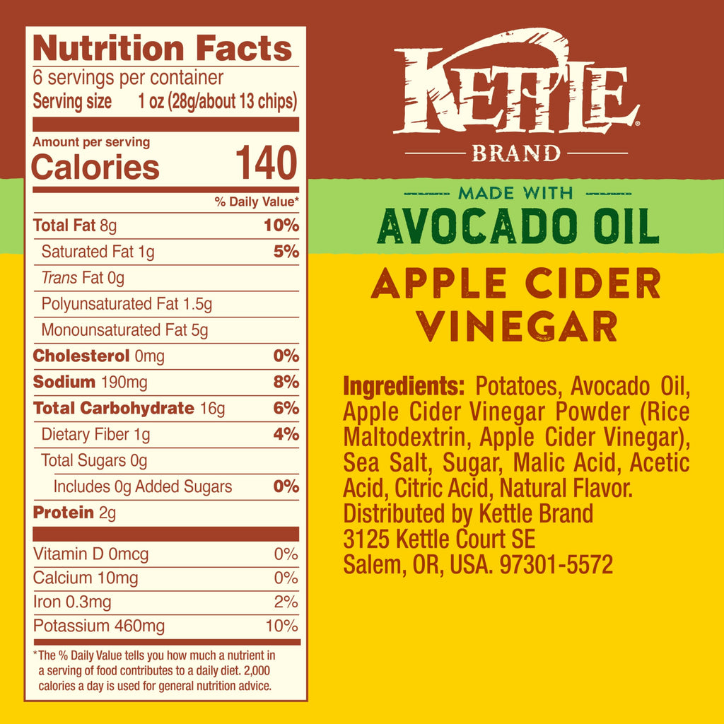 Kettle Brand Avocado Oil Apple Cider Vinegar Chips, Case of 12, 6 oz