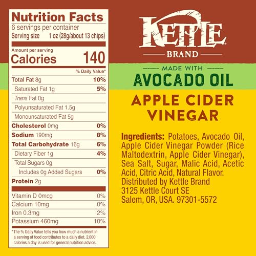 Kettle Brand Avocado Oil Apple Cider Vinegar Chips, Case of 12, 6 oz