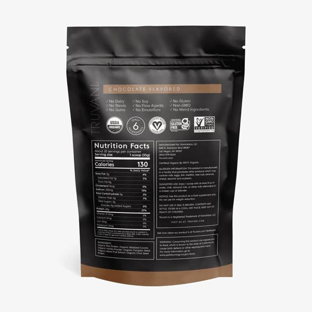 Truvani Organic Chocolate Protein Powder, 23.63 oz