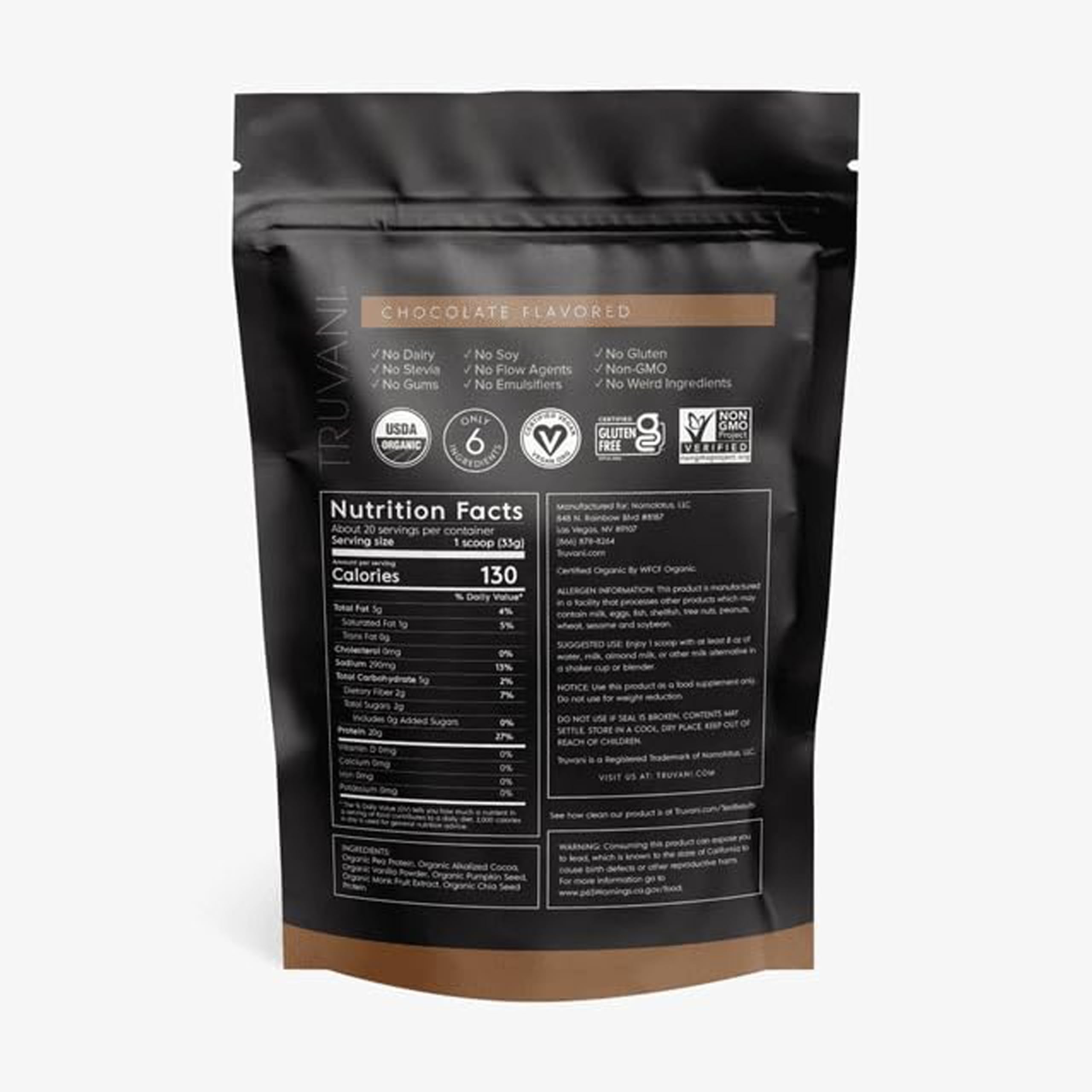 Truvani Organic Chocolate Protein Powder, 23.63 oz