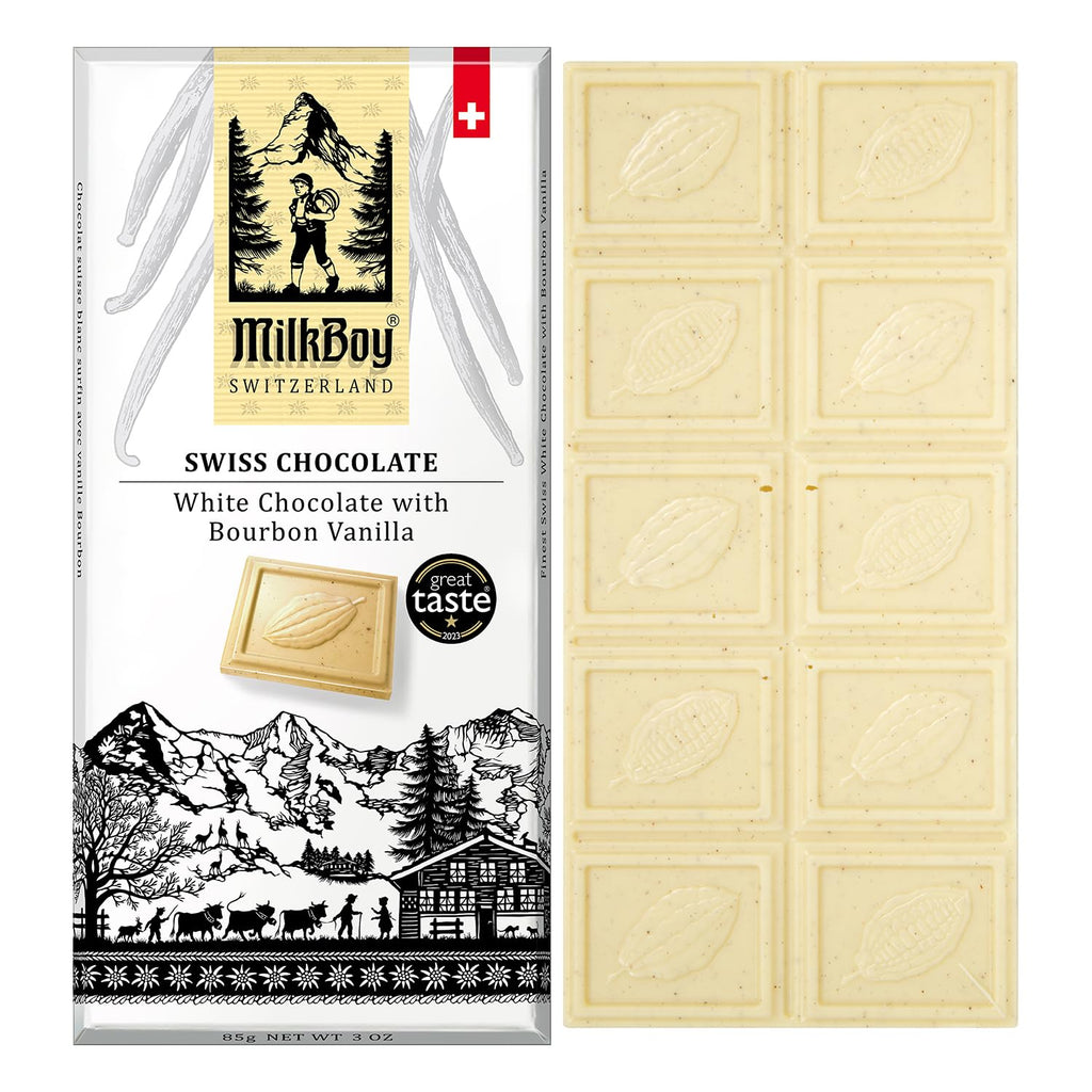 Milkboy Swiss White Chocolate Bourbon Vanilla Bar, Case of 10, 3 Ounce Bars