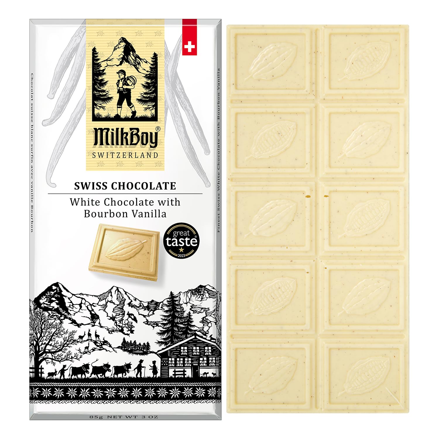 Milkboy Swiss White Chocolate Bourbon Vanilla Bar, Case of 10, 3 Ounce Bars