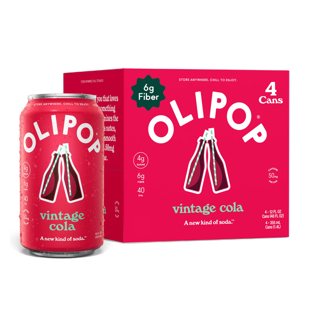 OLIPOP Vintage Cola Prebiotic Soda, Case of 6 Packs, 4 Count, 12 Fl Oz Each