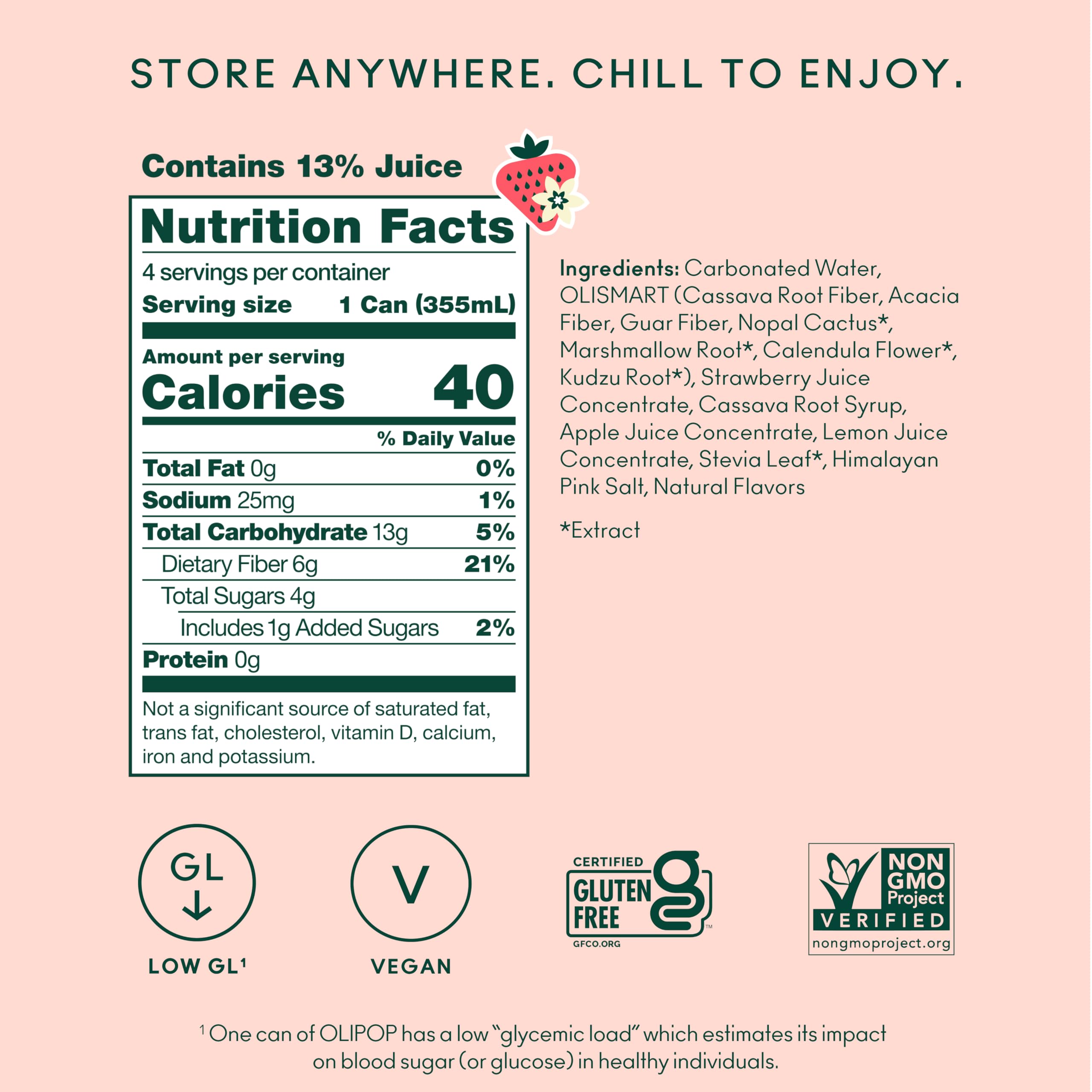 OLIPOP Prebiotic Soda, Strawberry Vanilla, Case of 6, 4 Pack, 12 fl oz
