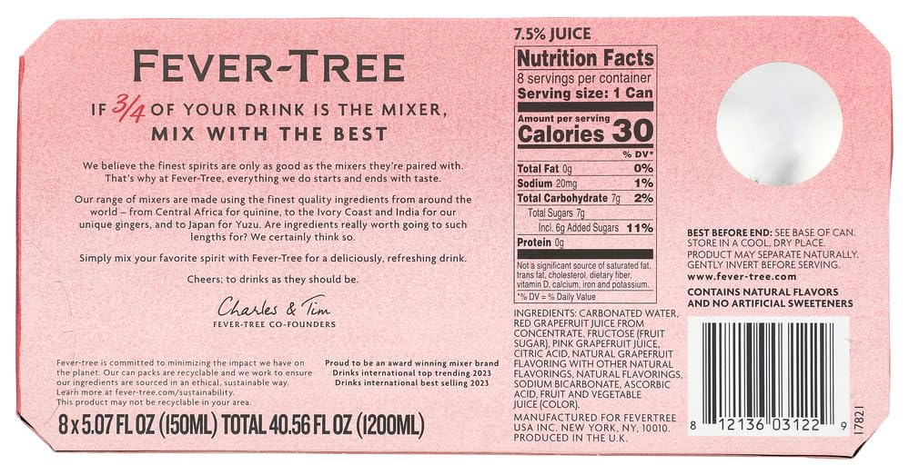 Fever-Tree Sparkling Pink Grapefruit Cans, Case of 3, 8 Pack, 5.07 Fluid Ounce