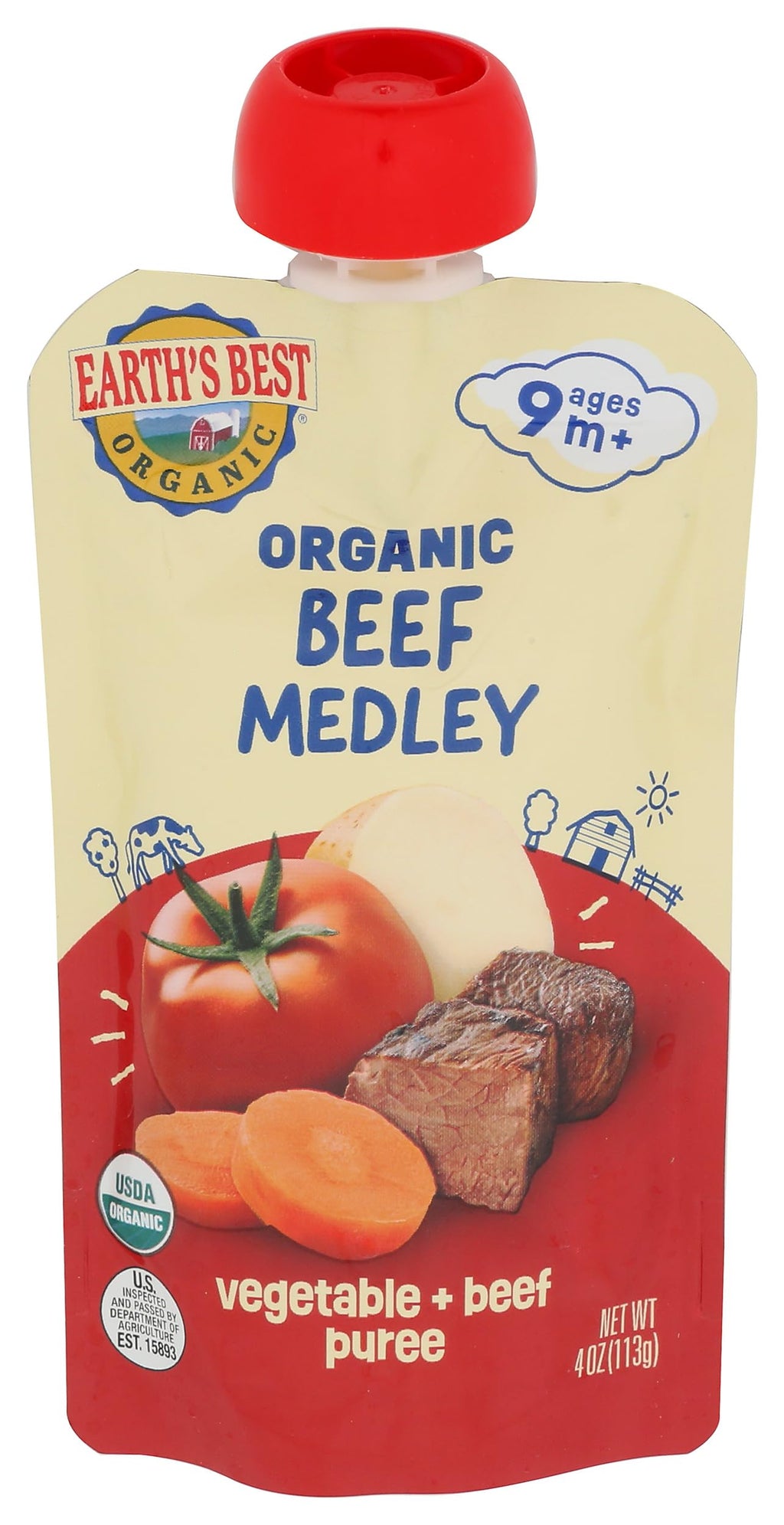 Earth's Best Organic Beef Medley Baby Food Pouches, Case of 12, 4 Ounce