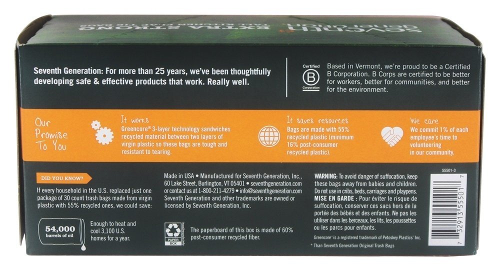 Seventh Generation 13 Gallon Tall Kitchen Trash Bags, Case of 6, 30 Count