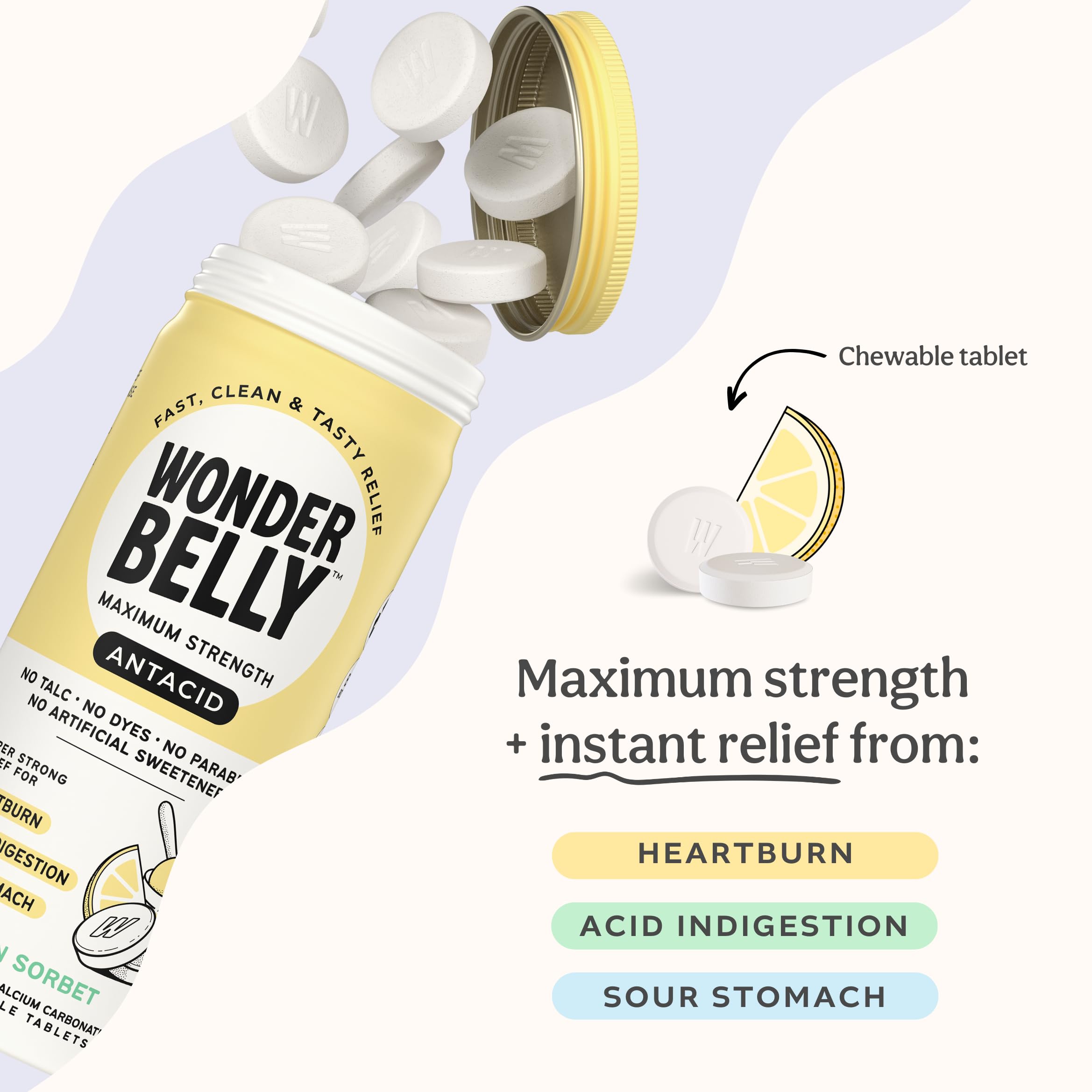 Wonderbelly Lemon Sorbet Antacid Chewable Tablets, 60 Count