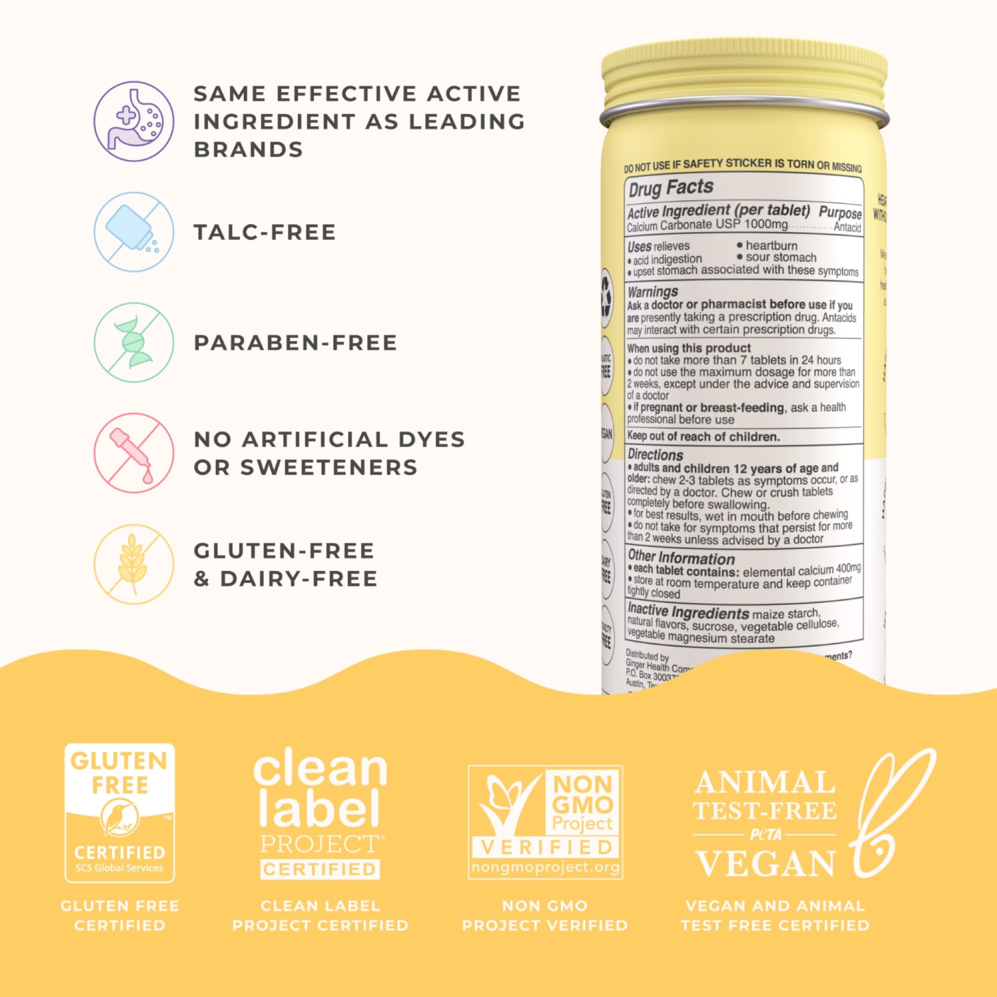 Wonderbelly Lemon Sorbet Antacid Chewable Tablets, 60 Count