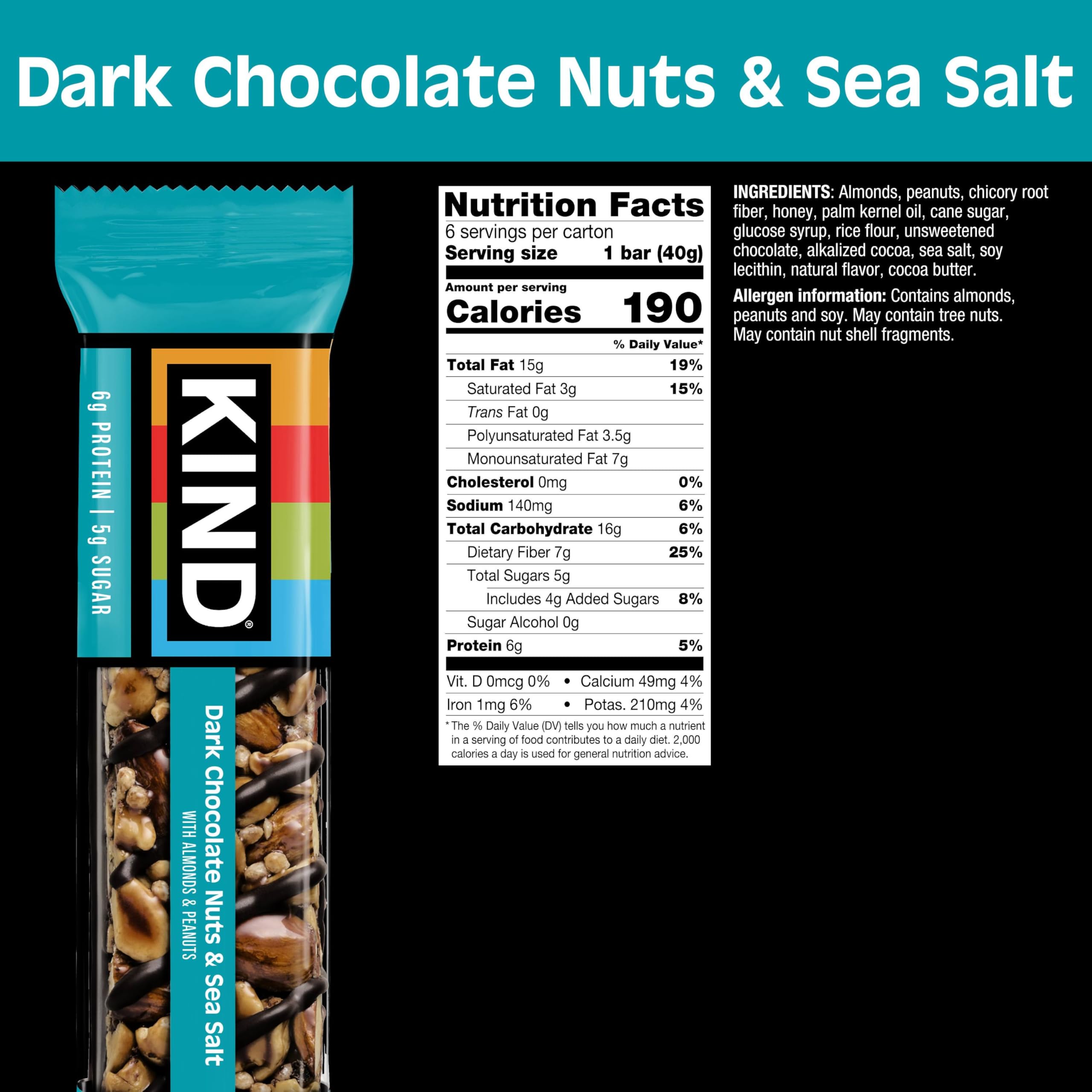 KIND Dark Chocolate Nuts and Sea Salt Snack Bars, Case of 6, 6 Count Boxes, 1.4 Oz Bars