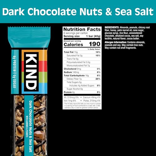 KIND Dark Chocolate Nuts and Sea Salt Snack Bars, Case of 6, 6 Count Boxes, 1.4 Oz Bars