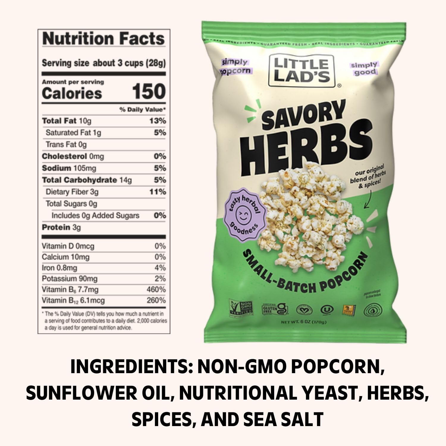 Little Lads Savory Herb Popcorn, Case of 6, 6 Ounce Bags